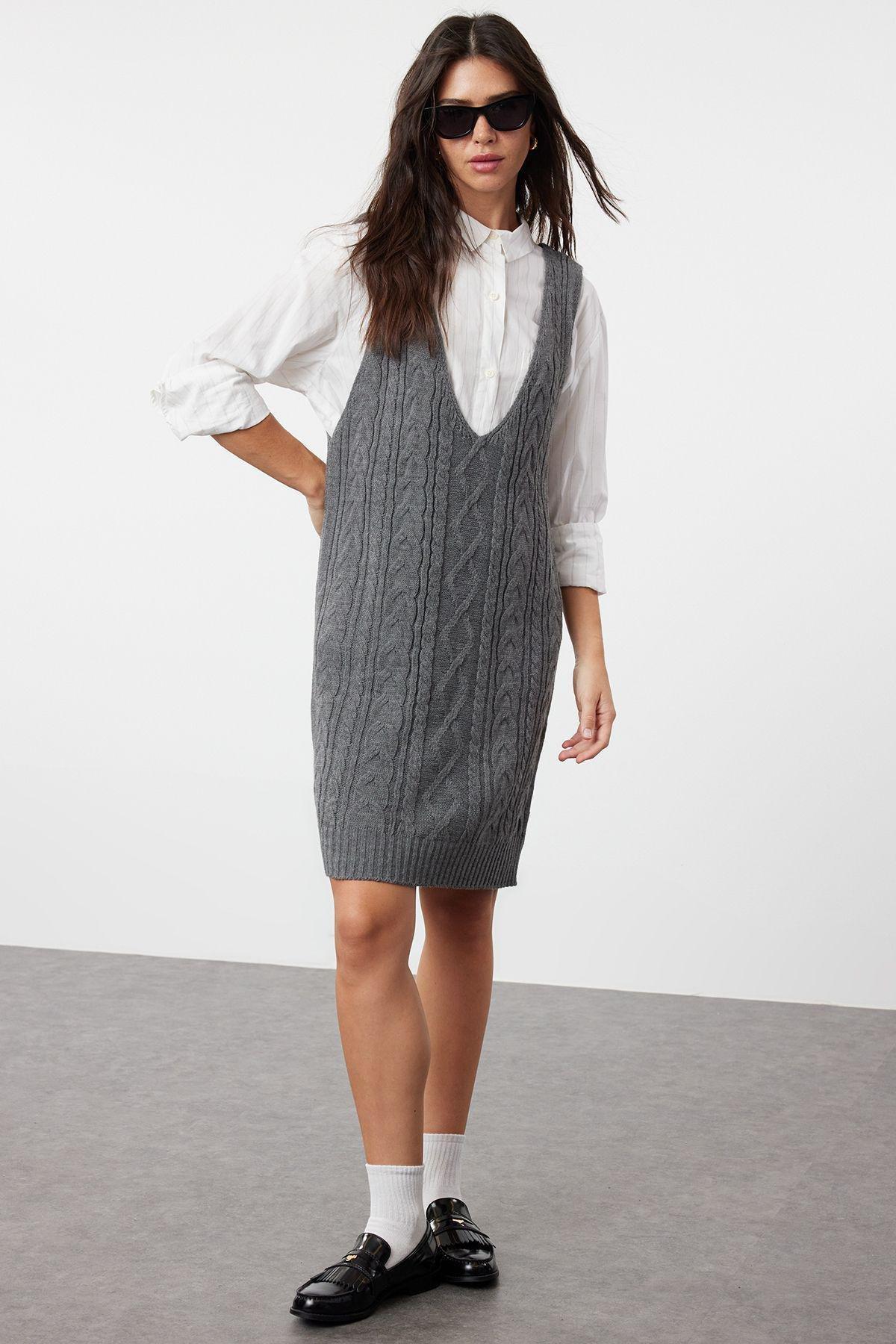 Grey Braided Knitwear Gilet Dress, , large image number 1