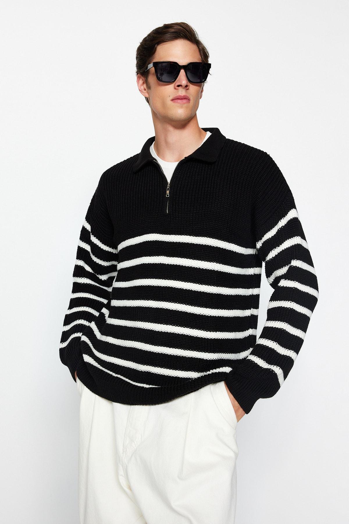 Black Oversize Collared Striped Knitted Sweater, , medium