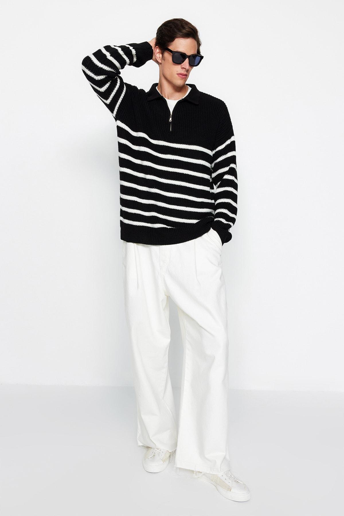 Black Oversize Collared Striped Knitted Sweater, , large image number 1