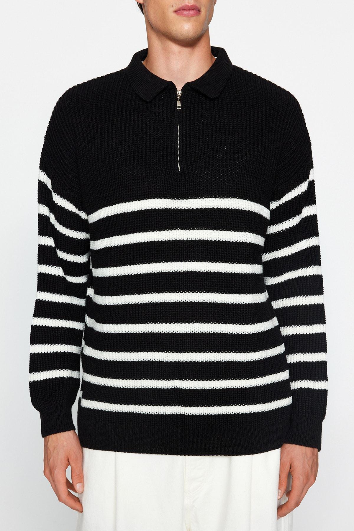 Black Oversize Collared Striped Knitted Sweater, , large image number 3