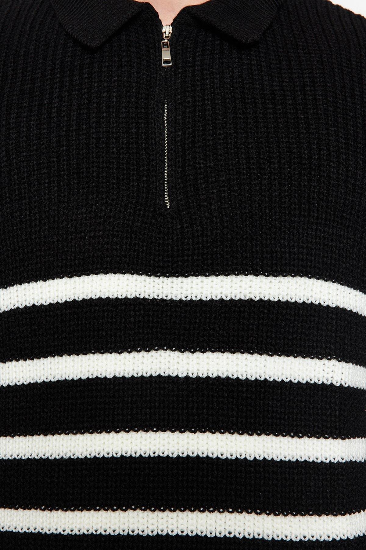Black Oversize Collared Striped Knitted Sweater, , large image number 4
