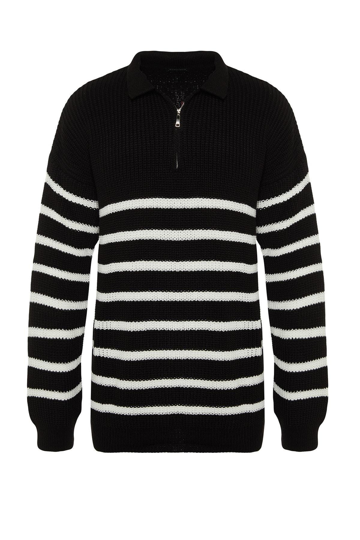 Black Oversize Collared Striped Knitted Sweater, , large image number 5