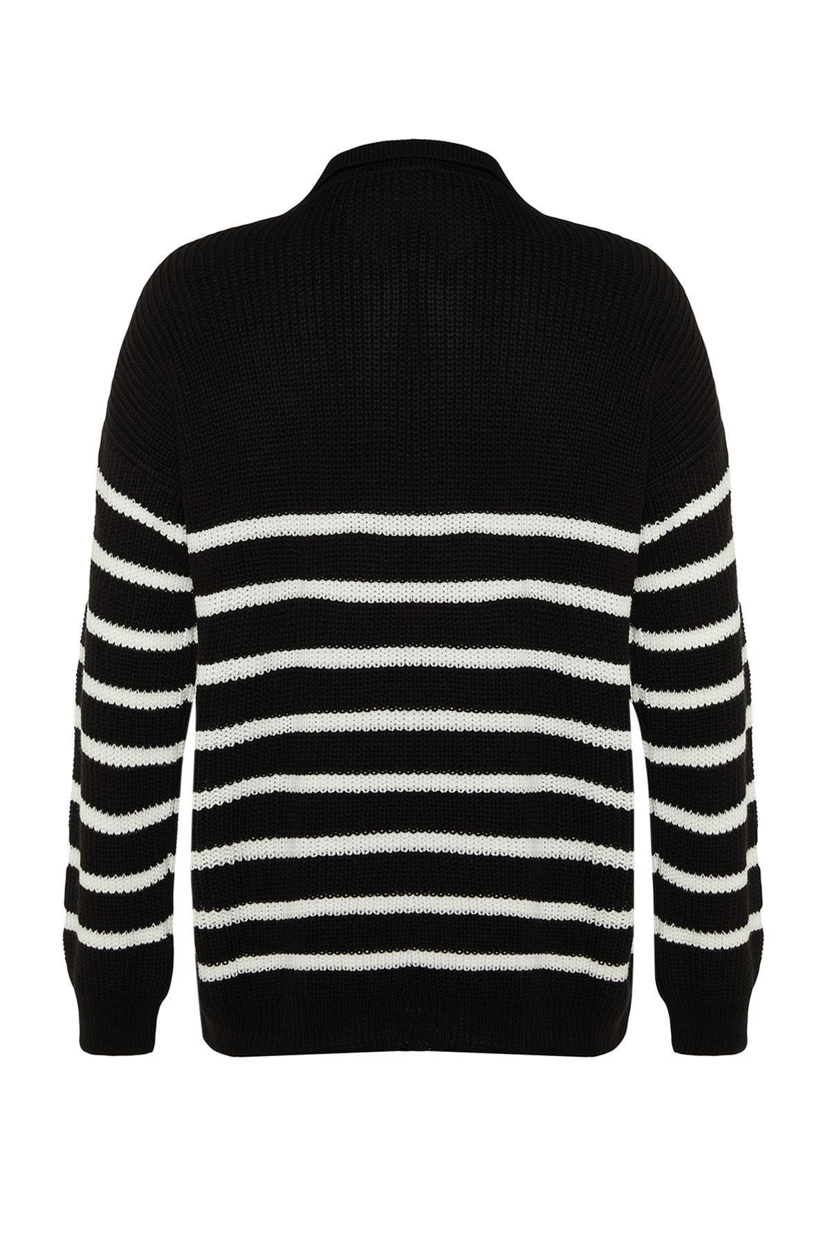 Black Oversize Collared Striped Knitted Sweater, , large image number 6