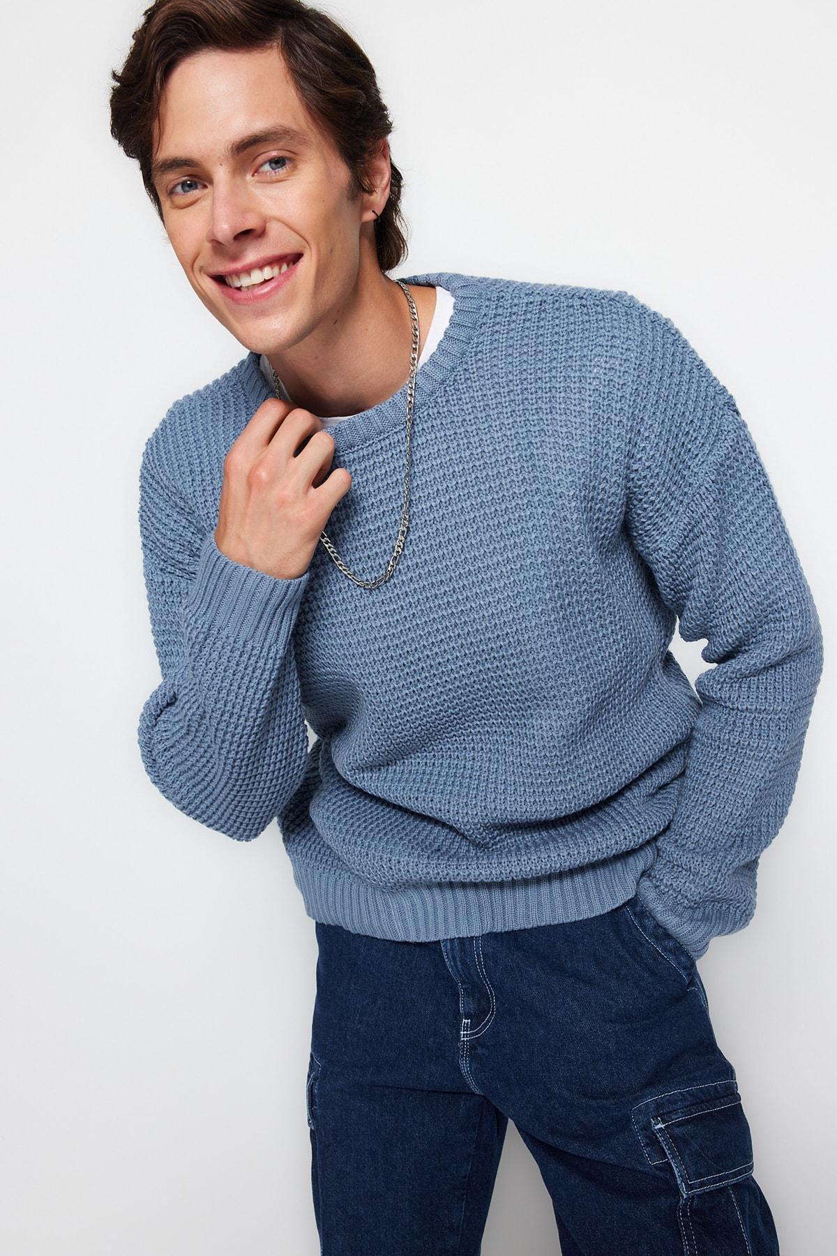 Blue Oversize Off-Shoulder Sweater, , large image number 0