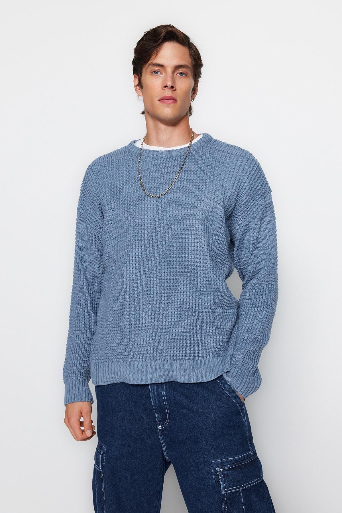 Blue Oversize Off-Shoulder Sweater, , large image number 1