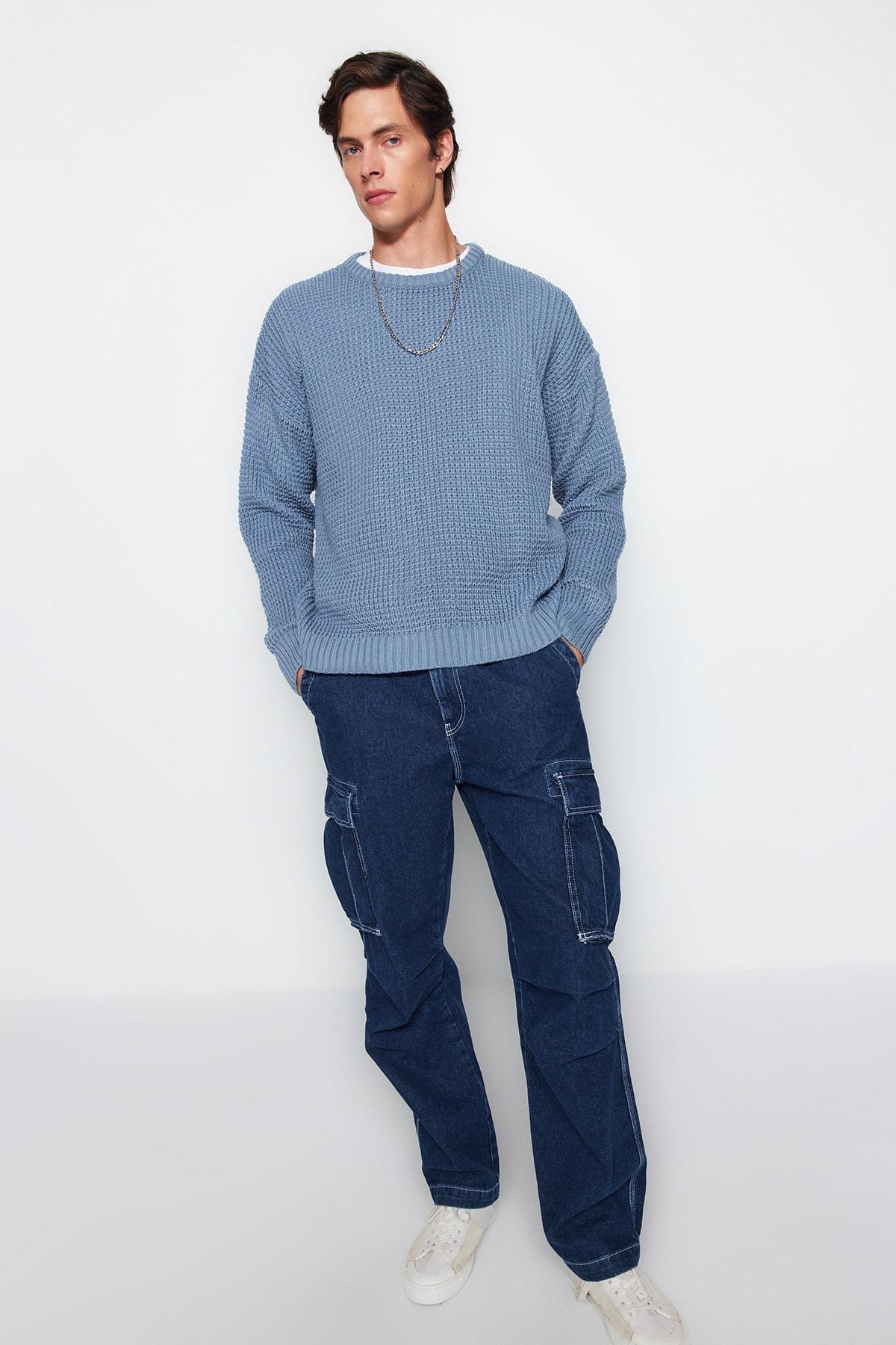 Blue Oversize Off-Shoulder Sweater, , large image number 2