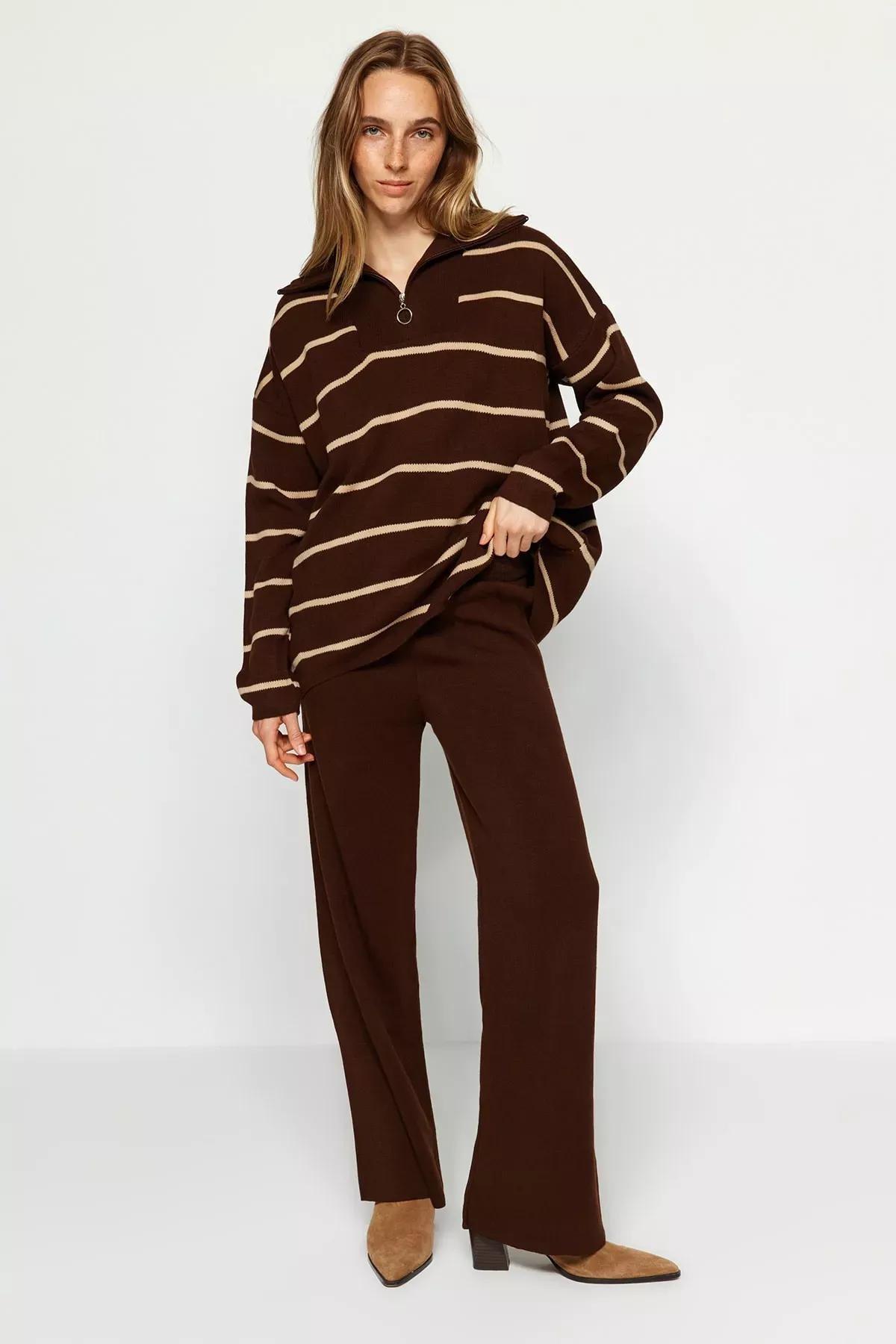 Brown Wide Fit Knitwear Co-Ord Set, , large image number 0