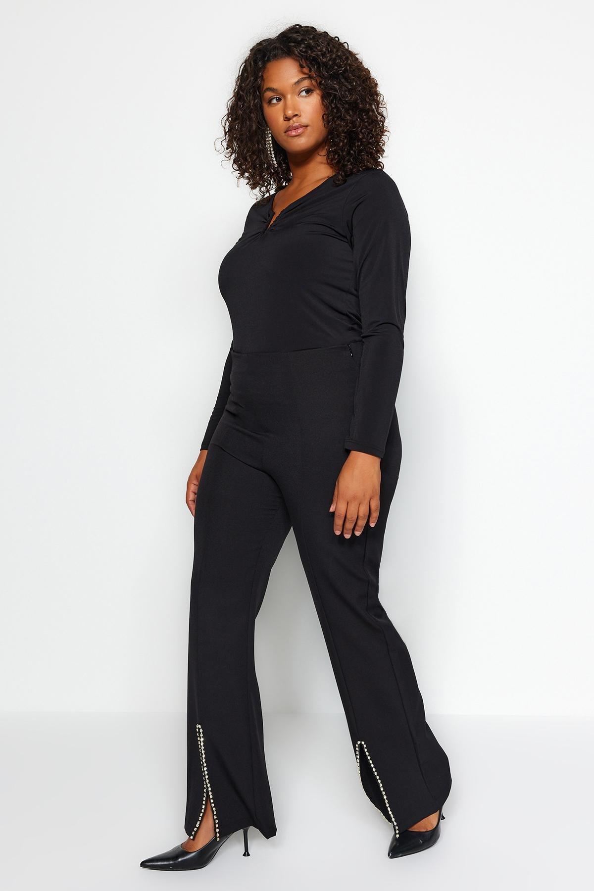 Black Flare Plus Size Pants, BLACK, large image number 3