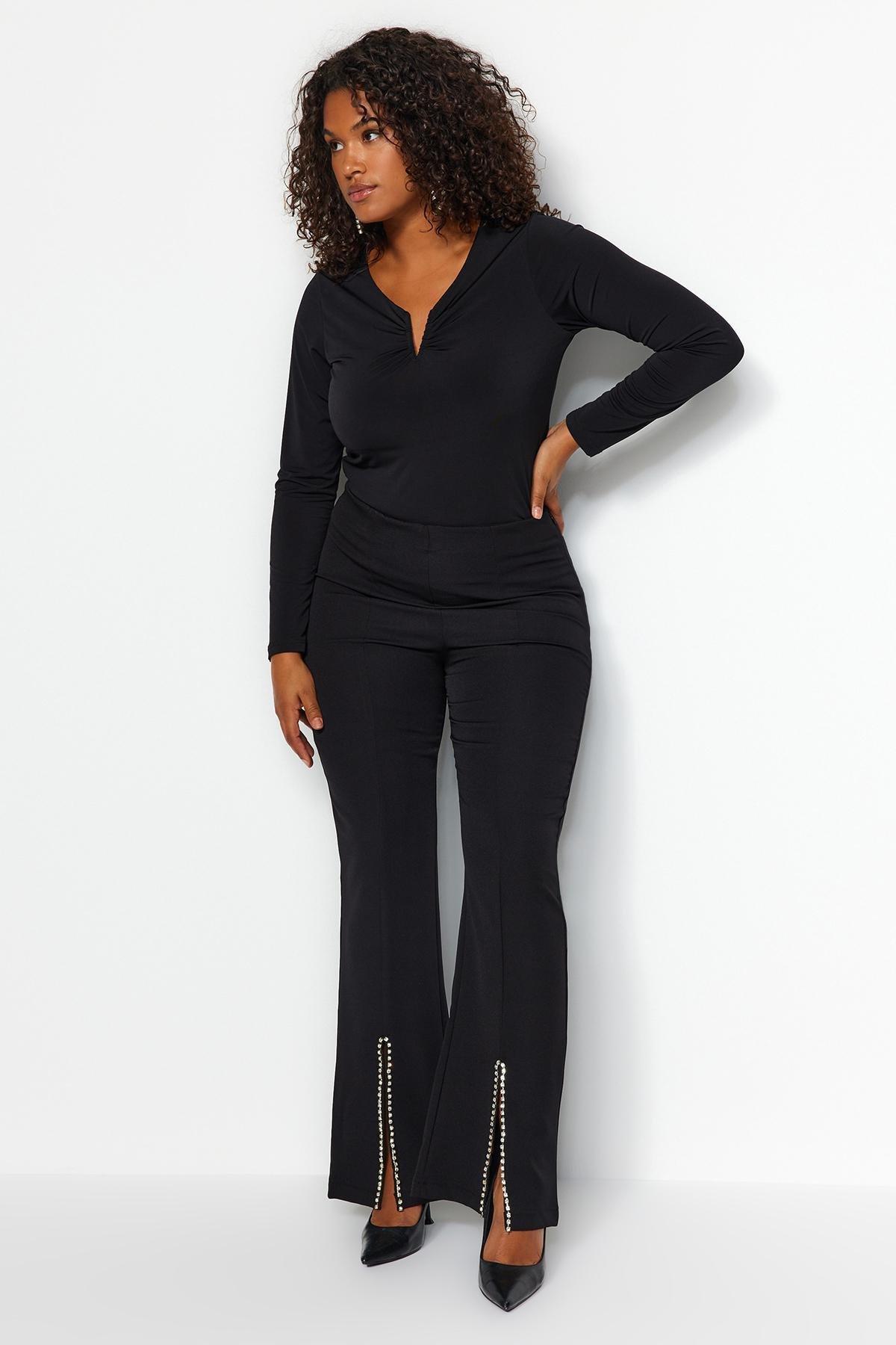 Black Flare Plus Size Pants, BLACK, large image number 5