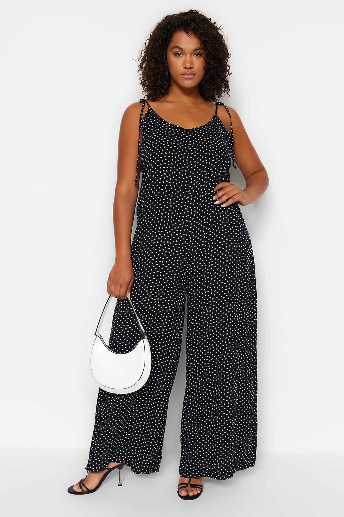 Black Polka-Dot Plus Size Jumpsuit, , large image number 0