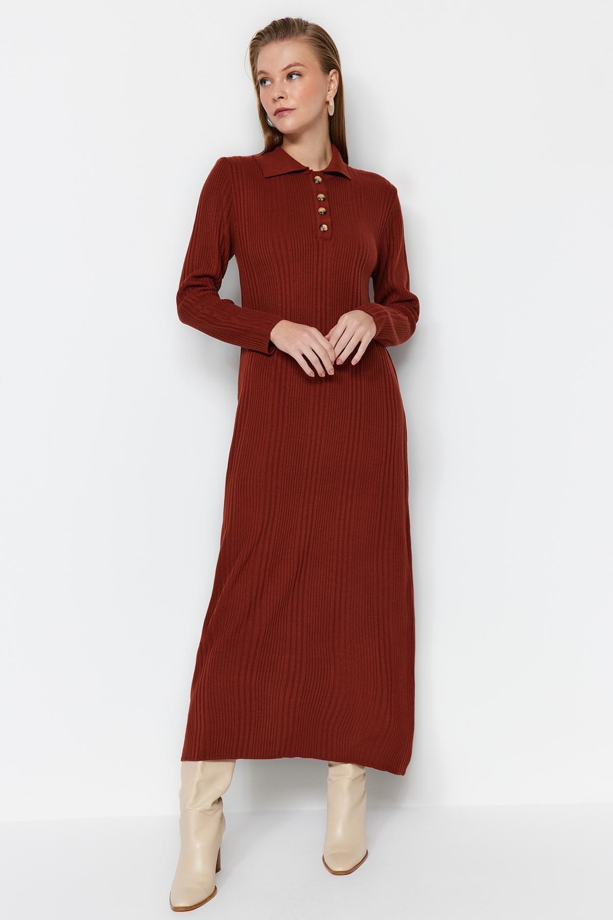 Brown Polo Neck Rib Knitwear Dress, , large image number 0