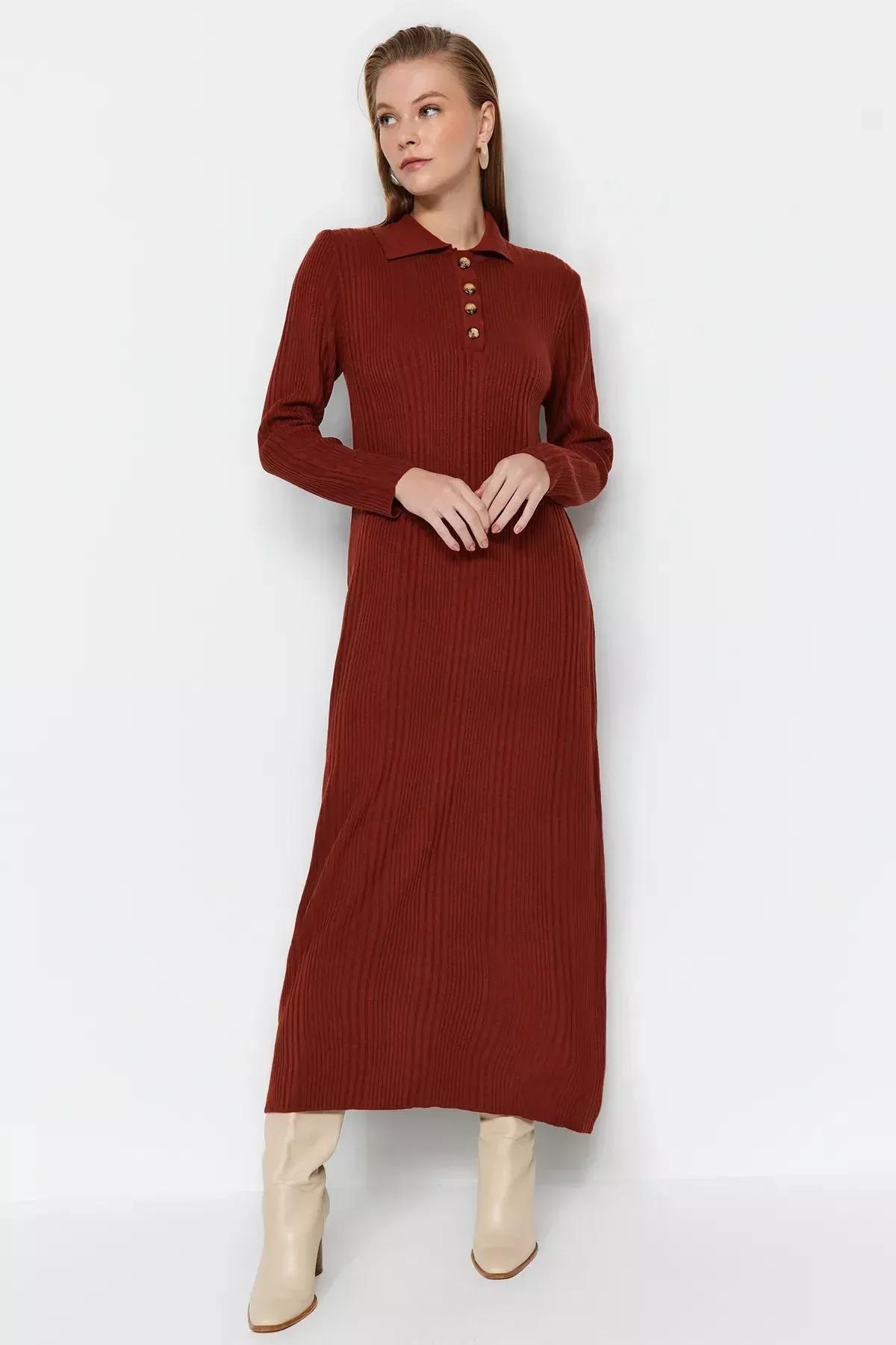 Brown Polo Neck Rib Knitwear Dress, , medium