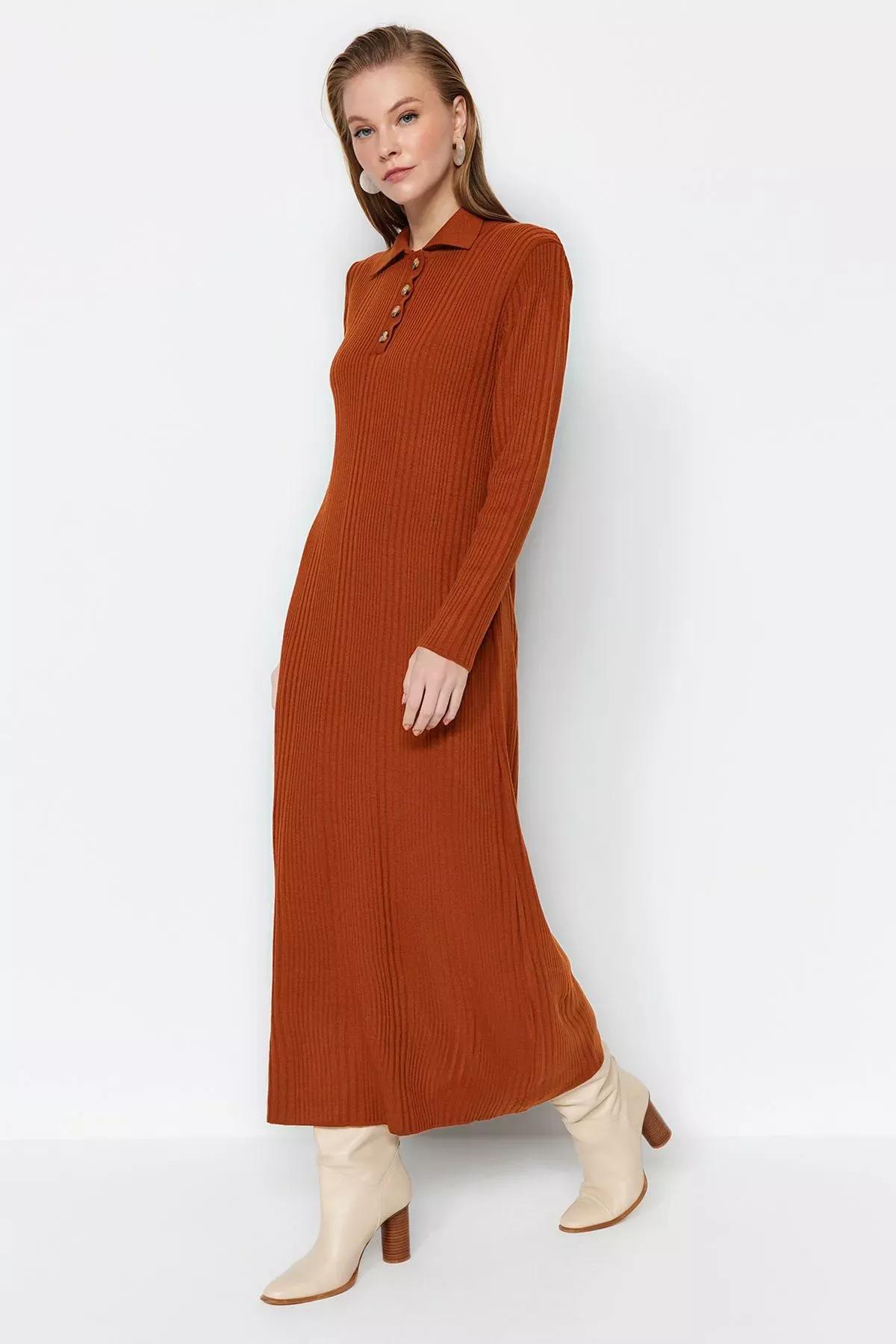 Brown Polo Neck Rib Knitwear Dress, Tile, large image number 1
