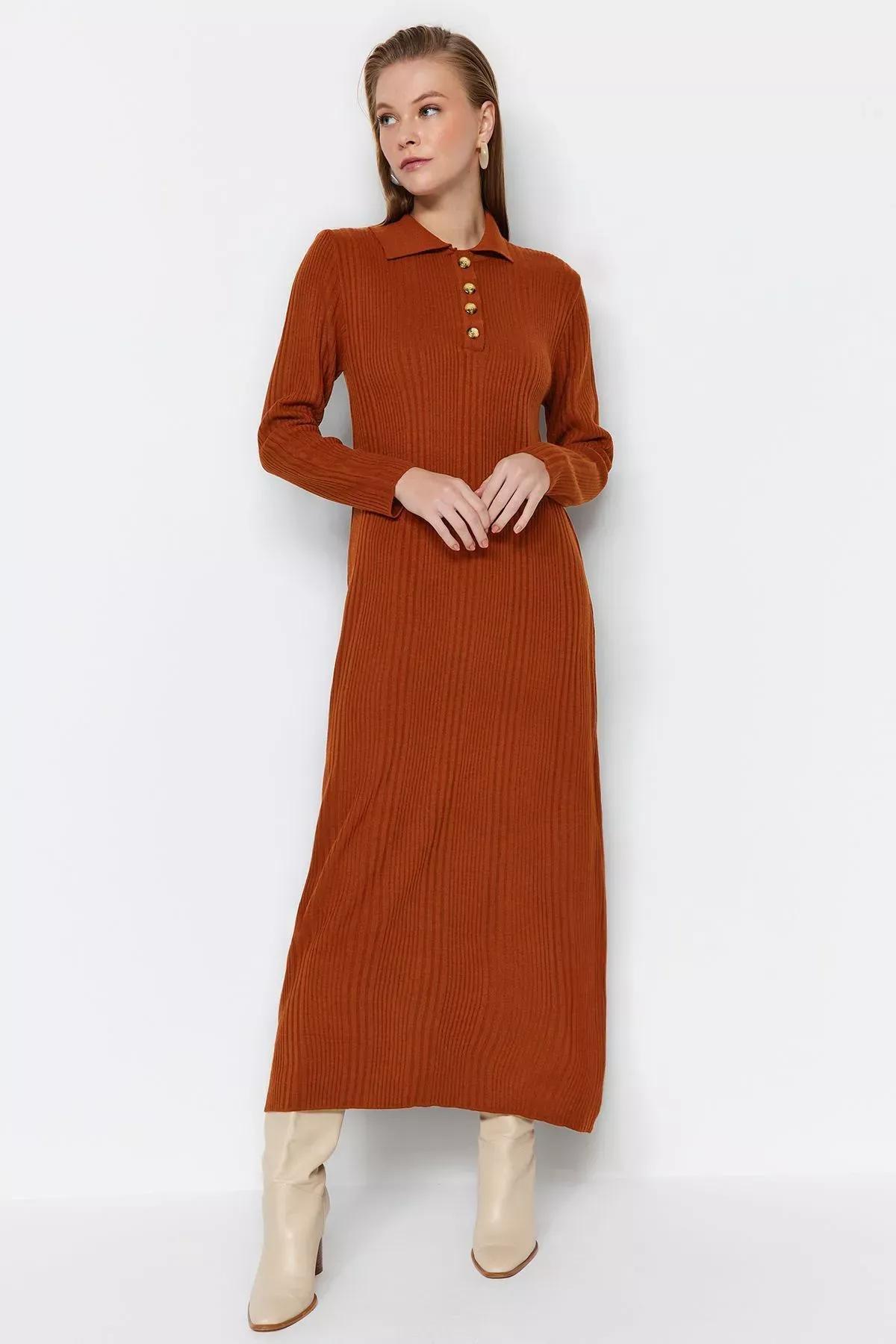 Brown Polo Neck Rib Knitwear Dress, Tile, large image number 2