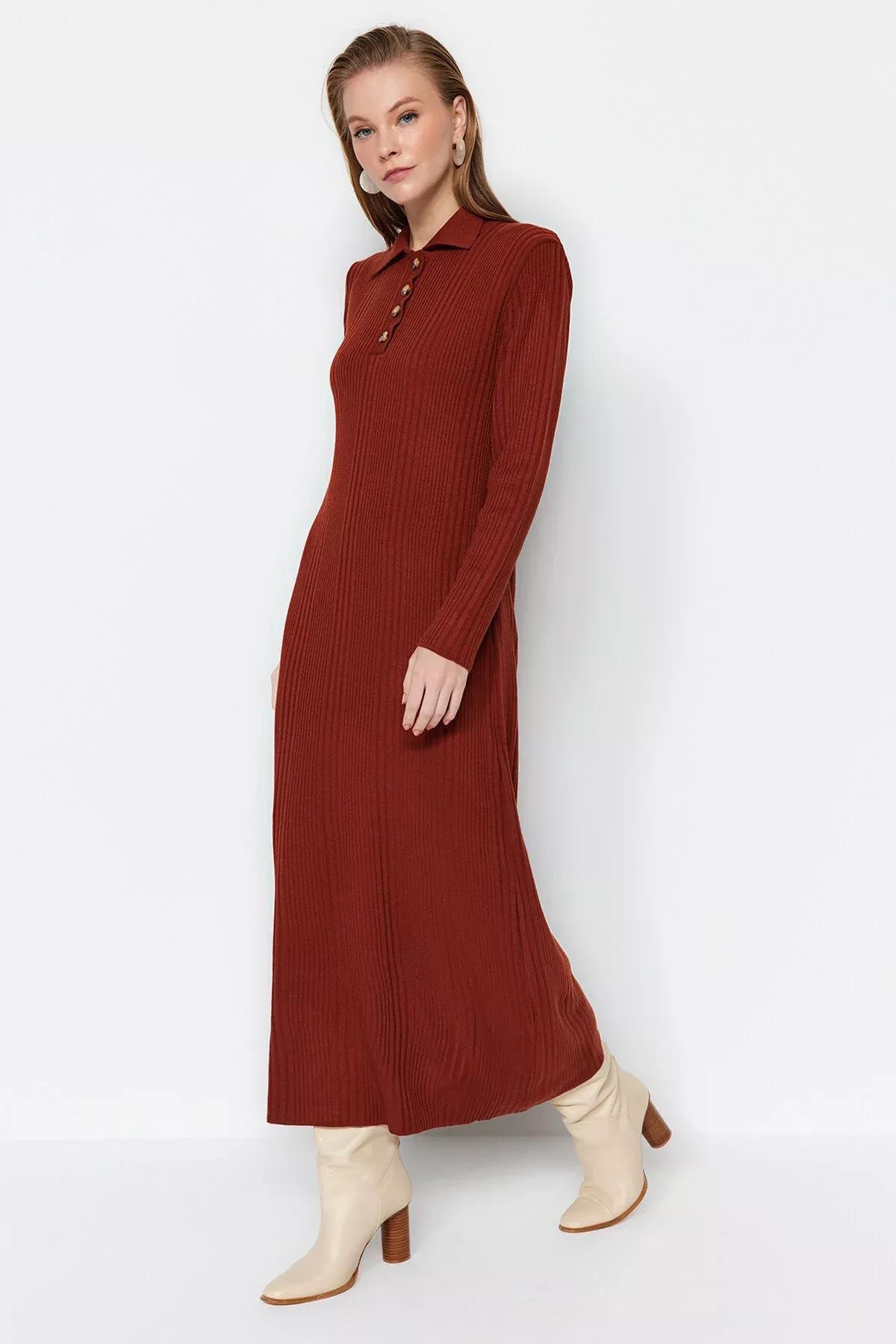 Brown Polo Neck Rib Knitwear Dress, Tile, large image number 3