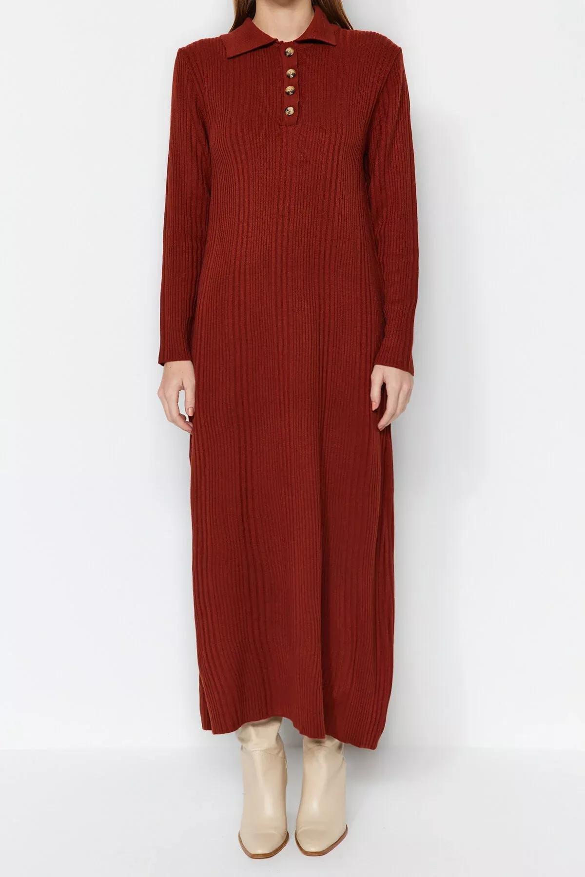 Brown Polo Neck Rib Knitwear Dress, , large image number 4