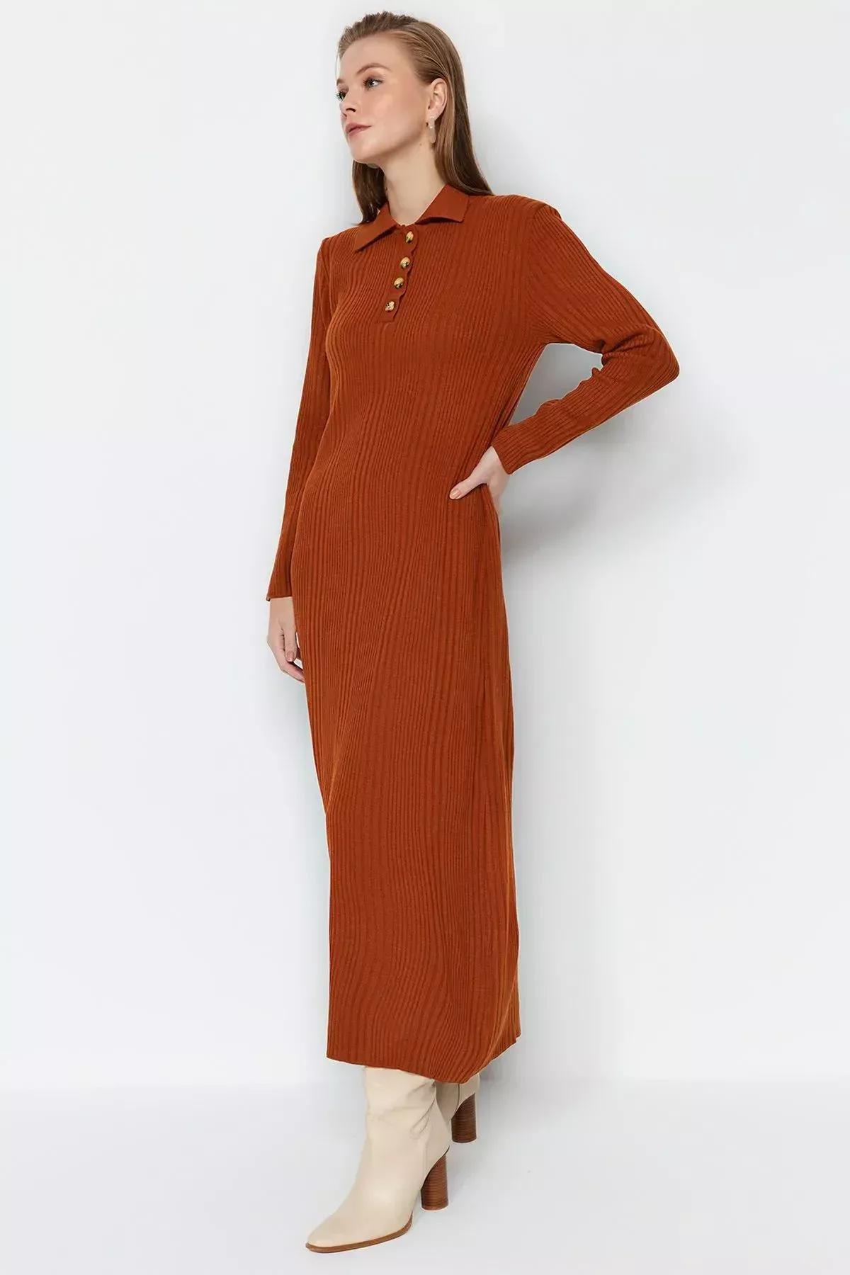 Brown Polo Neck Rib Knitwear Dress, Tile, large image number 4
