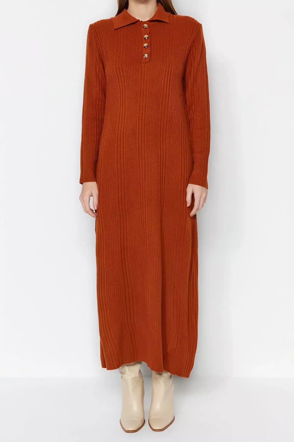 Brown Polo Neck Rib Knitwear Dress, Tile, large image number 6