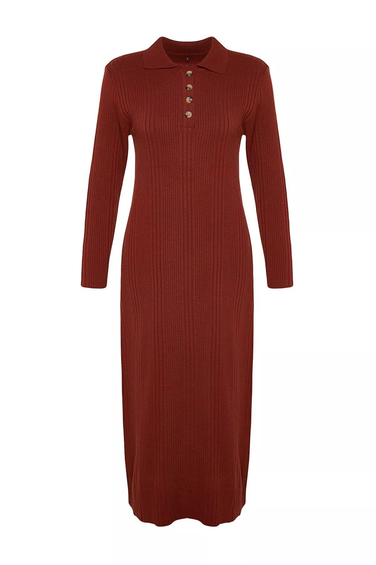 Brown Polo Neck Rib Knitwear Dress, Tile, large image number 9