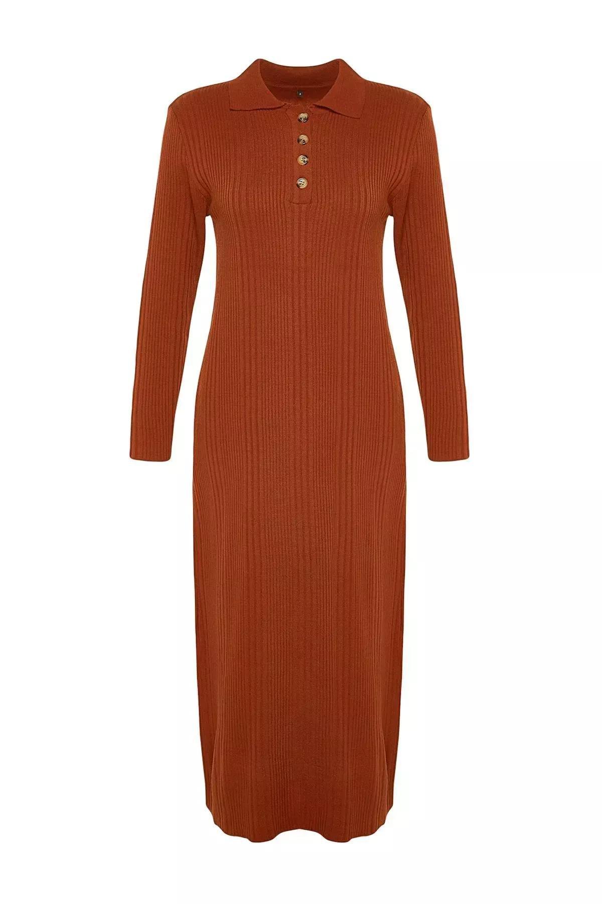 Brown Polo Neck Rib Knitwear Dress, Tile, large image number 10