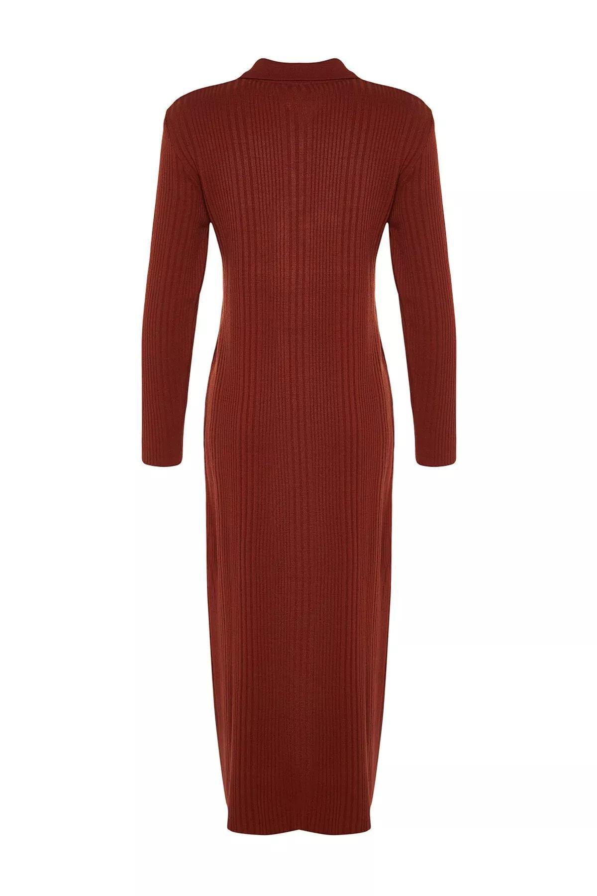 Brown Polo Neck Rib Knitwear Dress, , large image number 12