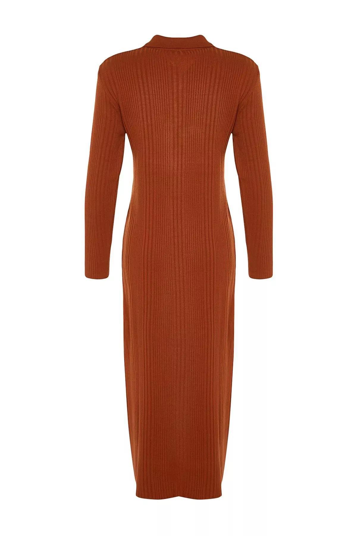 Brown Polo Neck Rib Knitwear Dress, Tile, large image number 14