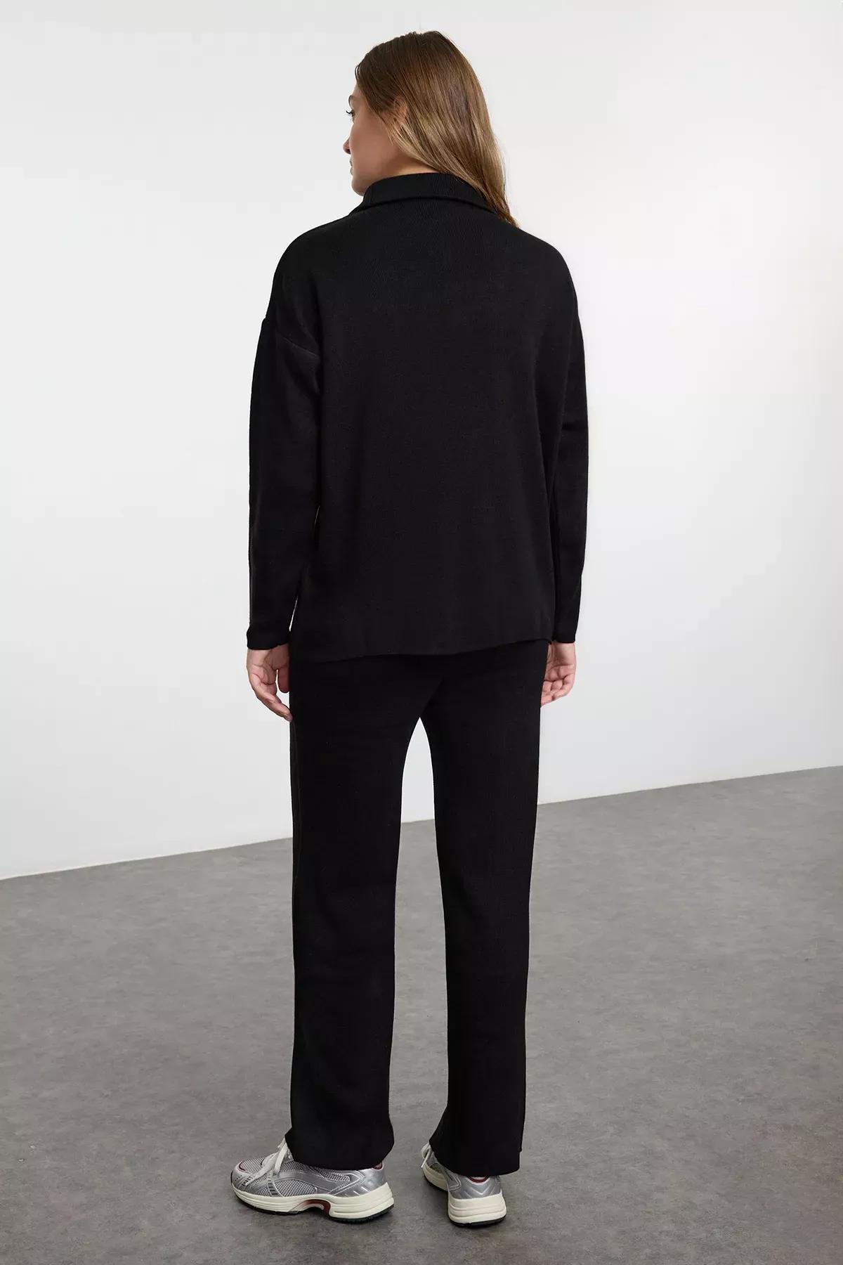 Black Pattern Zippered Knit Set, BLACK, large image number 4