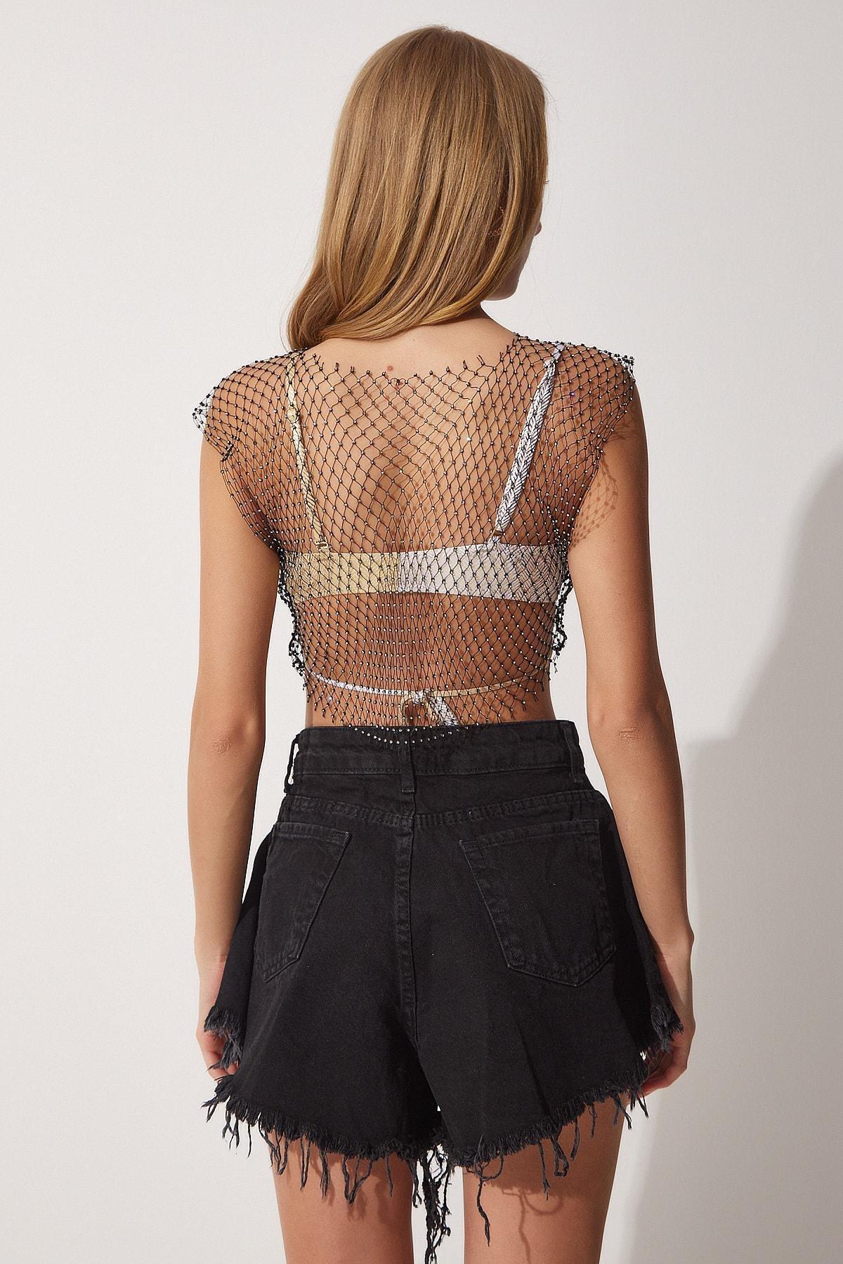 Black Mesh Bodycon Crop Top, BLACK, large image number 3
