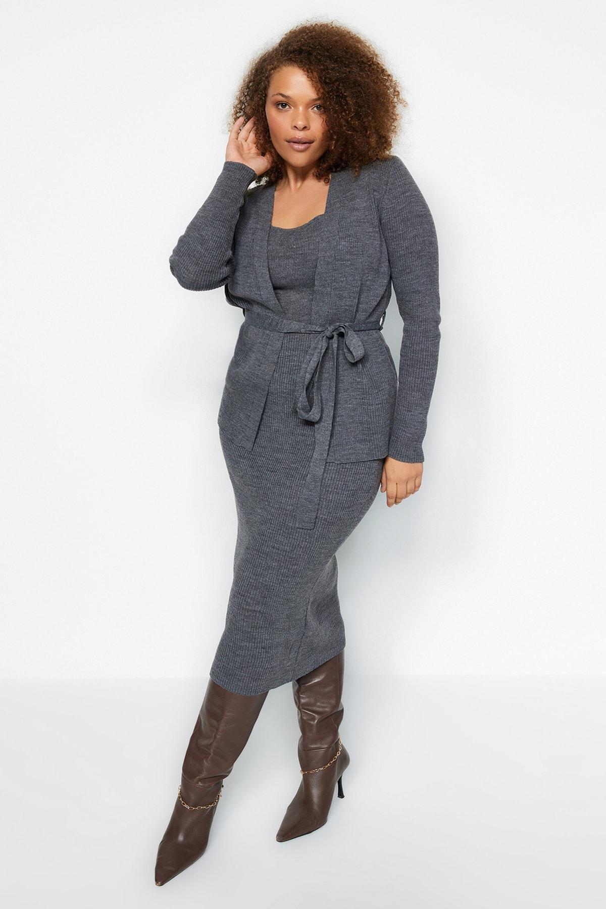 Grey Basic Plus Size Dress , Set Of 2, Anthracite, large image number 0