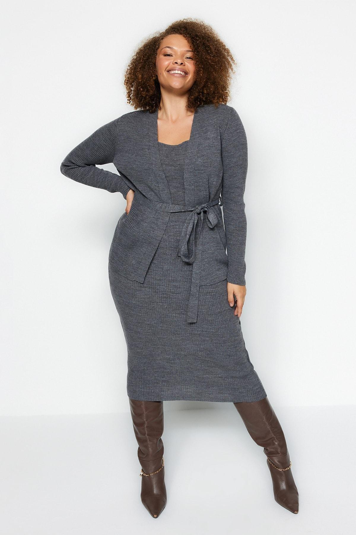 Grey Basic Plus Size Dress , Set Of 2, Anthracite, large image number 1