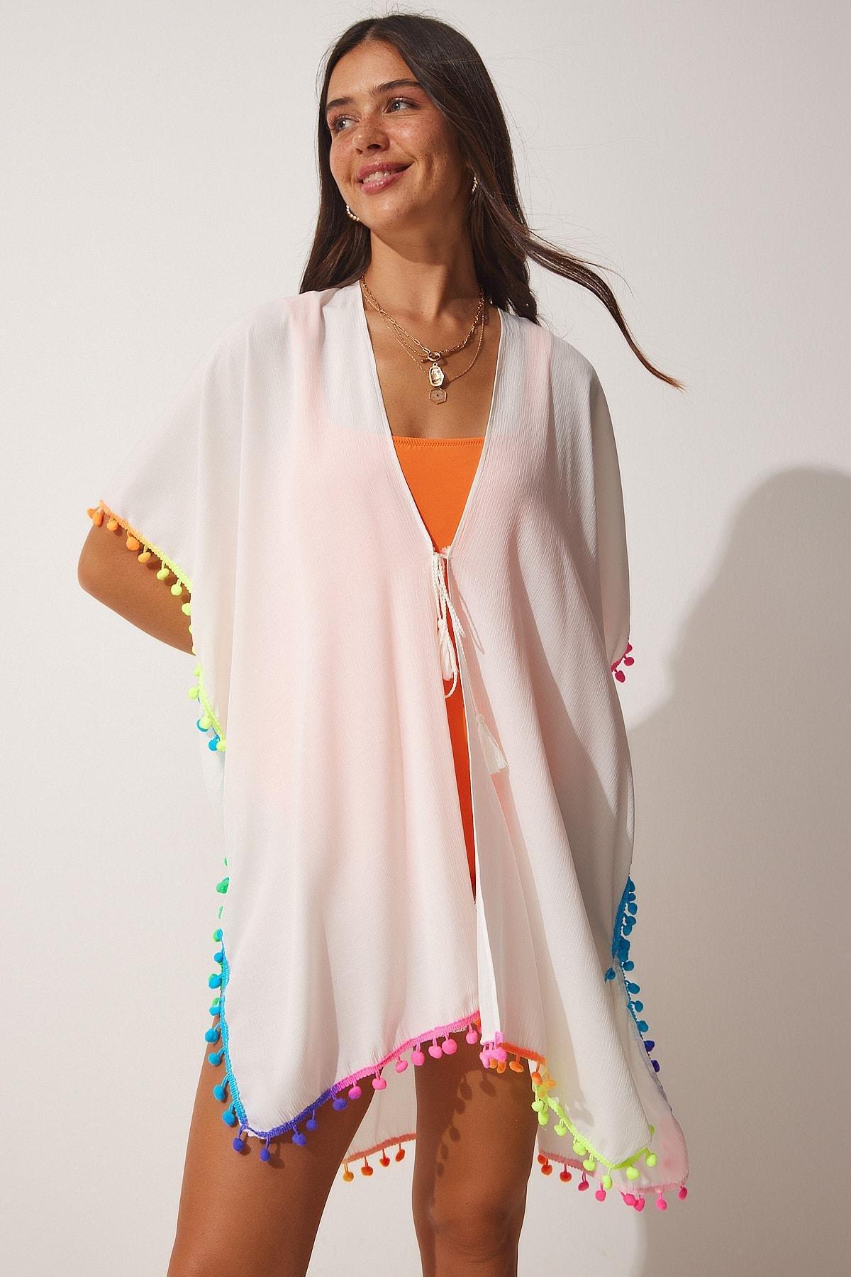 White Chiffon Kimono With Pompoms, , large image number 0