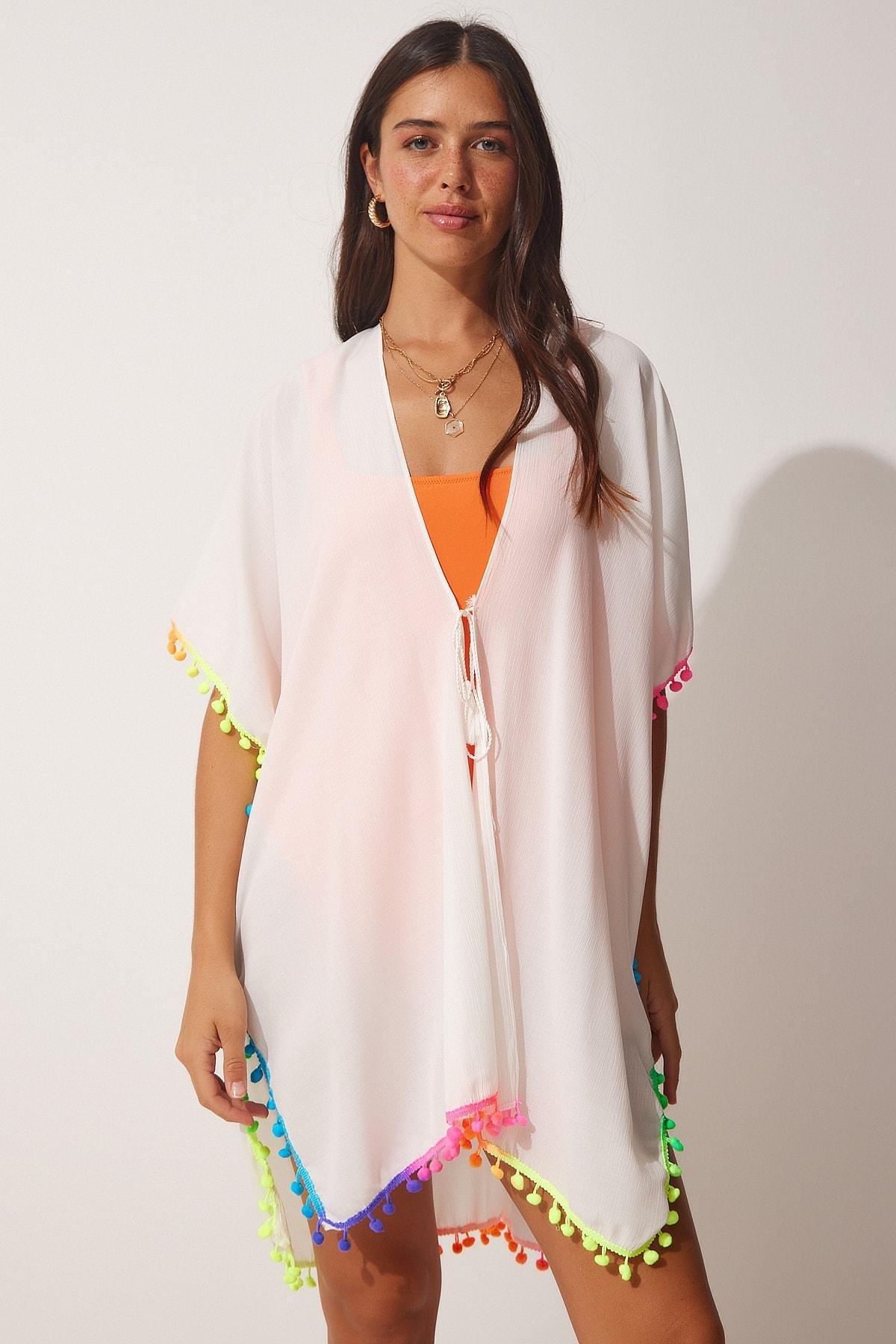 White Chiffon Kimono With Pompoms, , large image number 1