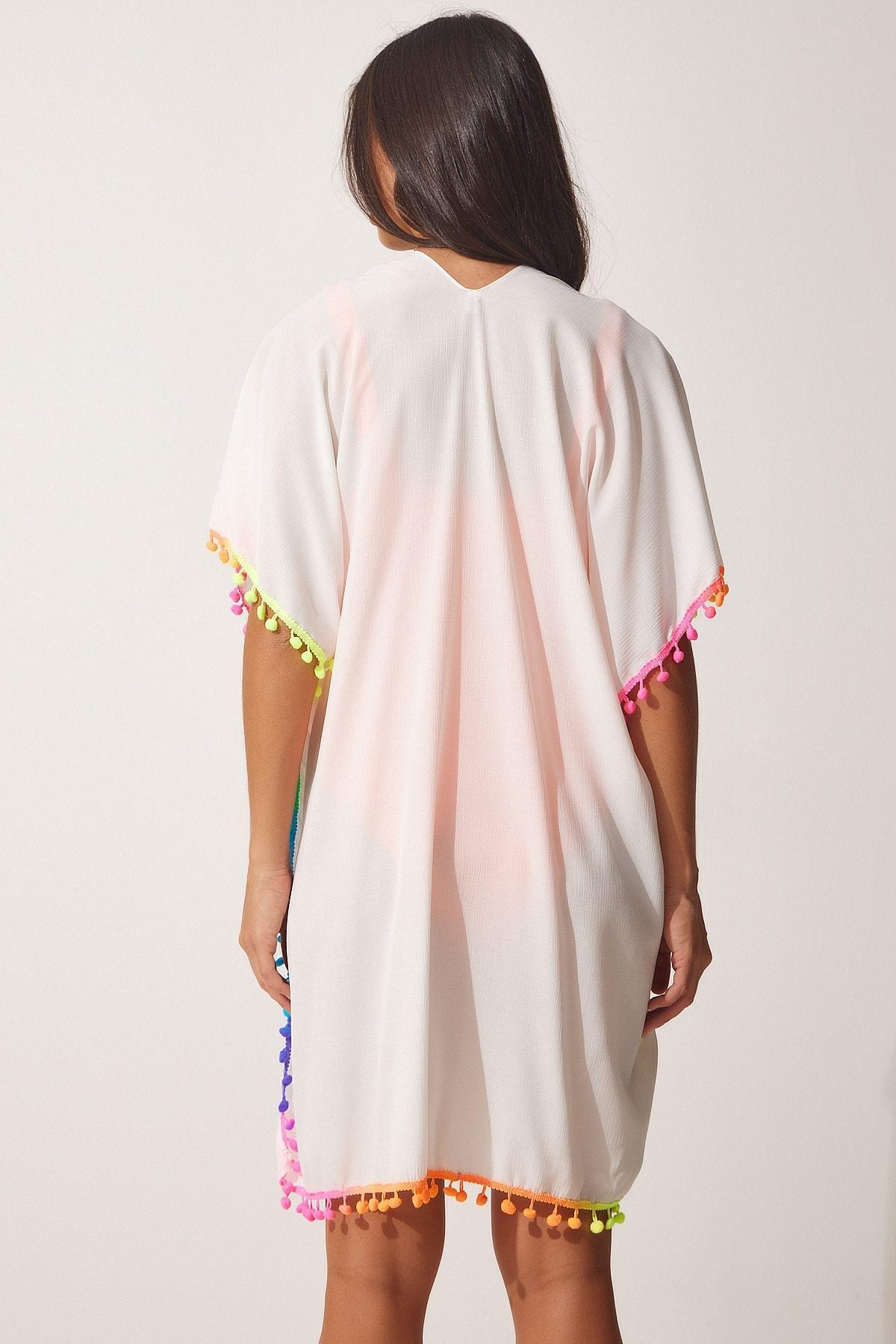 White Chiffon Kimono With Pompoms, , large image number 2