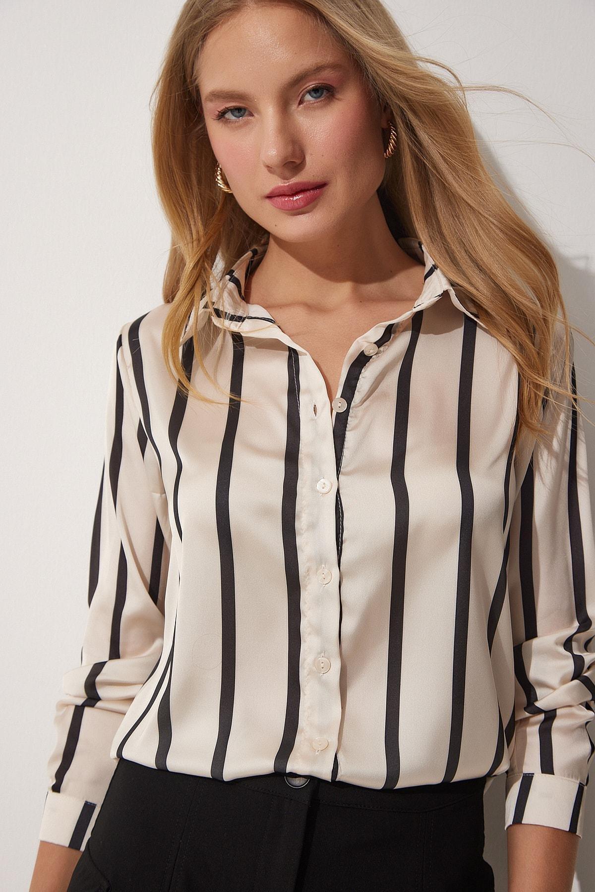 Multicolour Satin Striped Shirt, Ecru Black, large image number 1