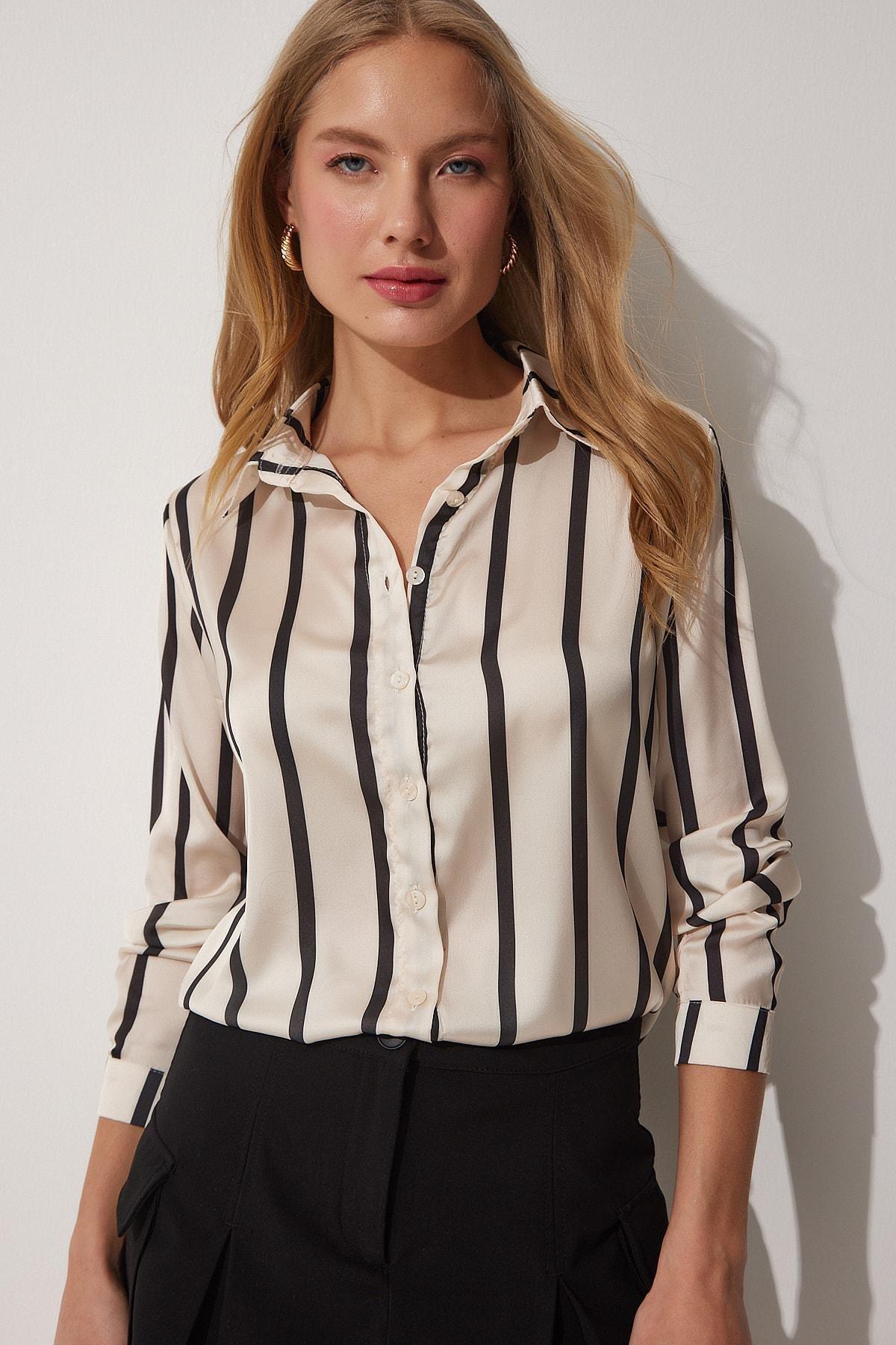 Multicolour Satin Striped Shirt, Ecru Black, large image number 2