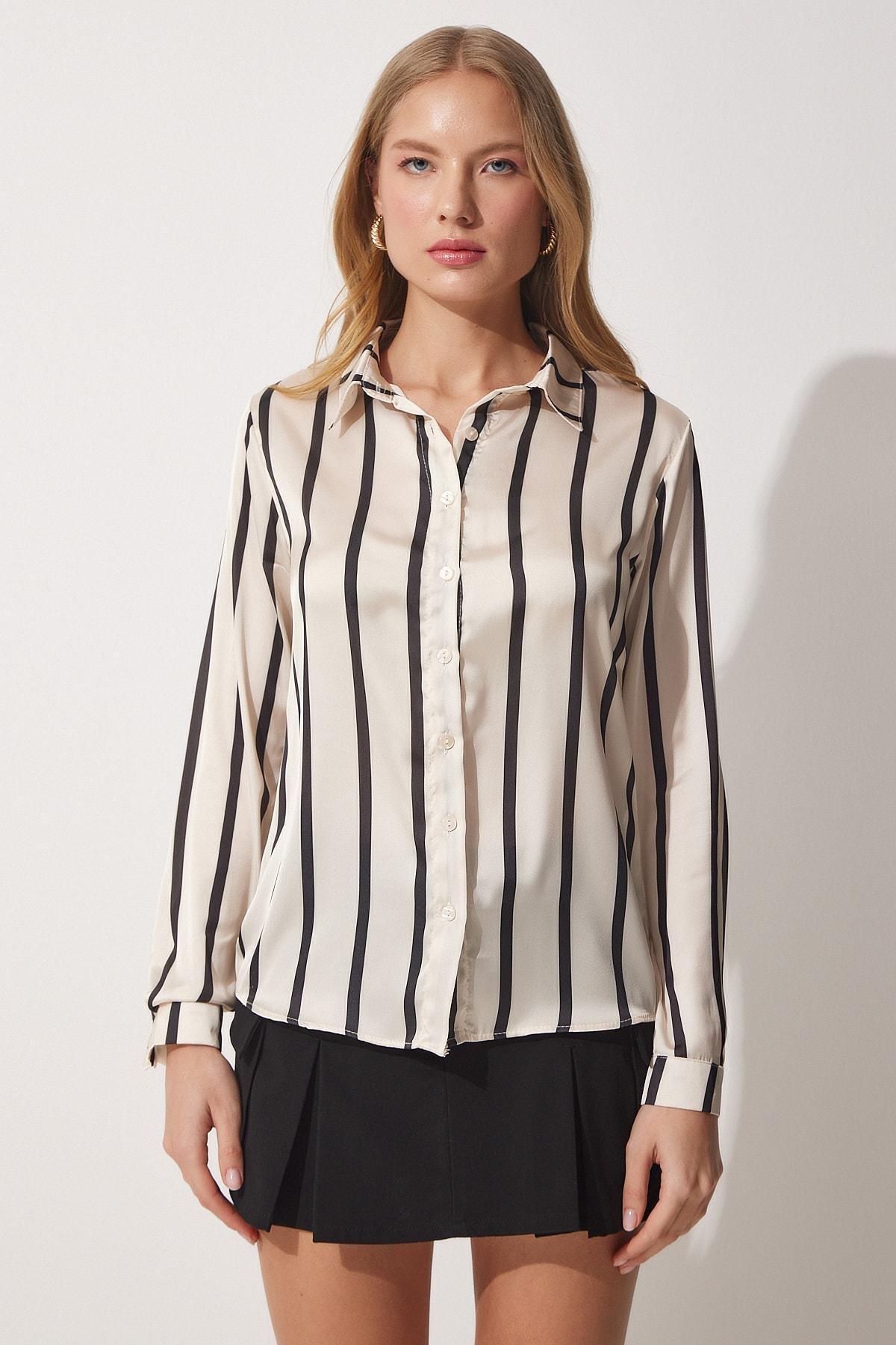 Multicolour Satin Striped Shirt, Ecru Black, large image number 3