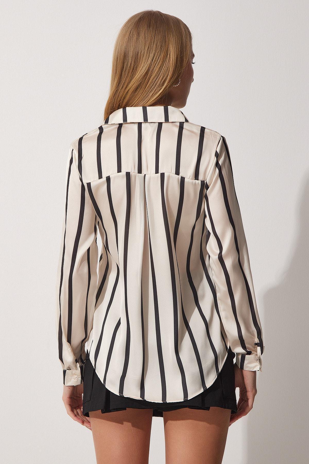 Multicolour Satin Striped Shirt, Ecru Black, large image number 4