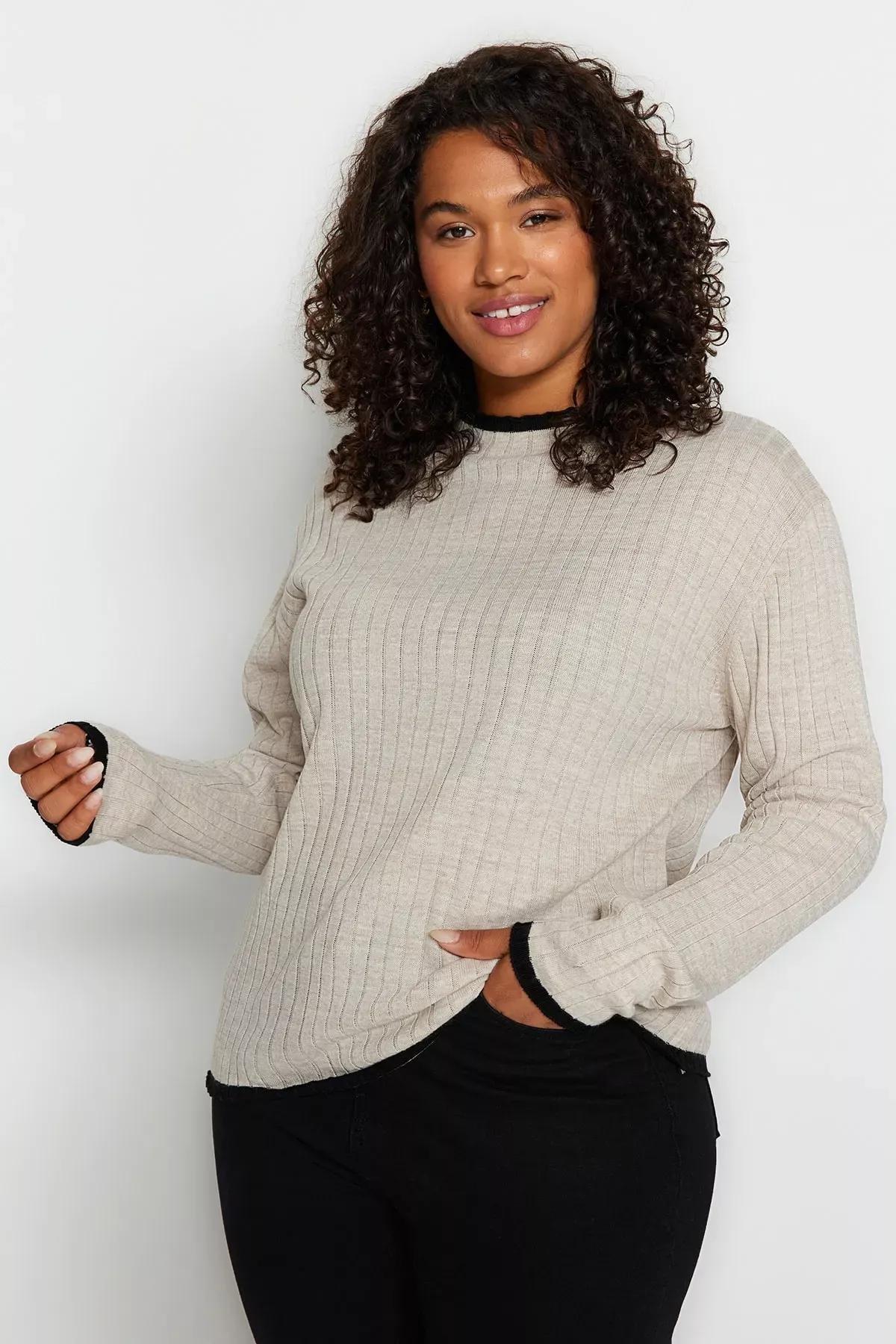 Beige Collared Plus Size Sweater, Beige, large image number 0