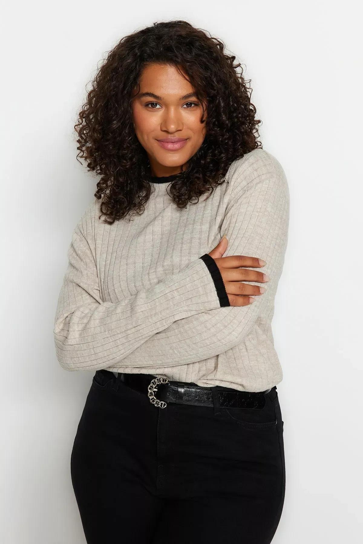 Beige Collared Plus Size Sweater, Beige, large image number 1