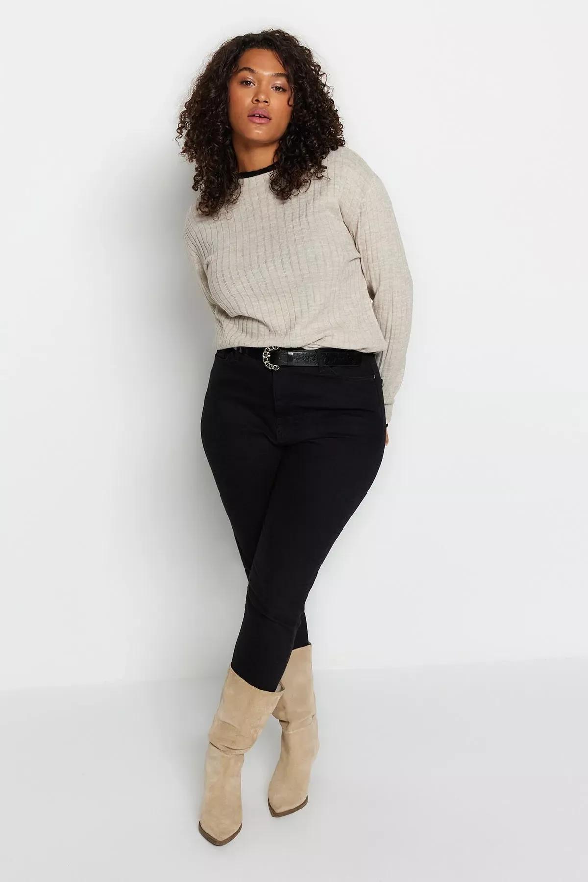 Beige Collared Plus Size Sweater, Beige, large image number 2