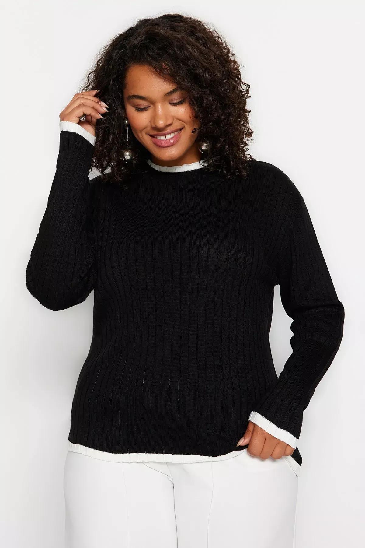 Black Collared Plus Size Sweater, , large image number 0