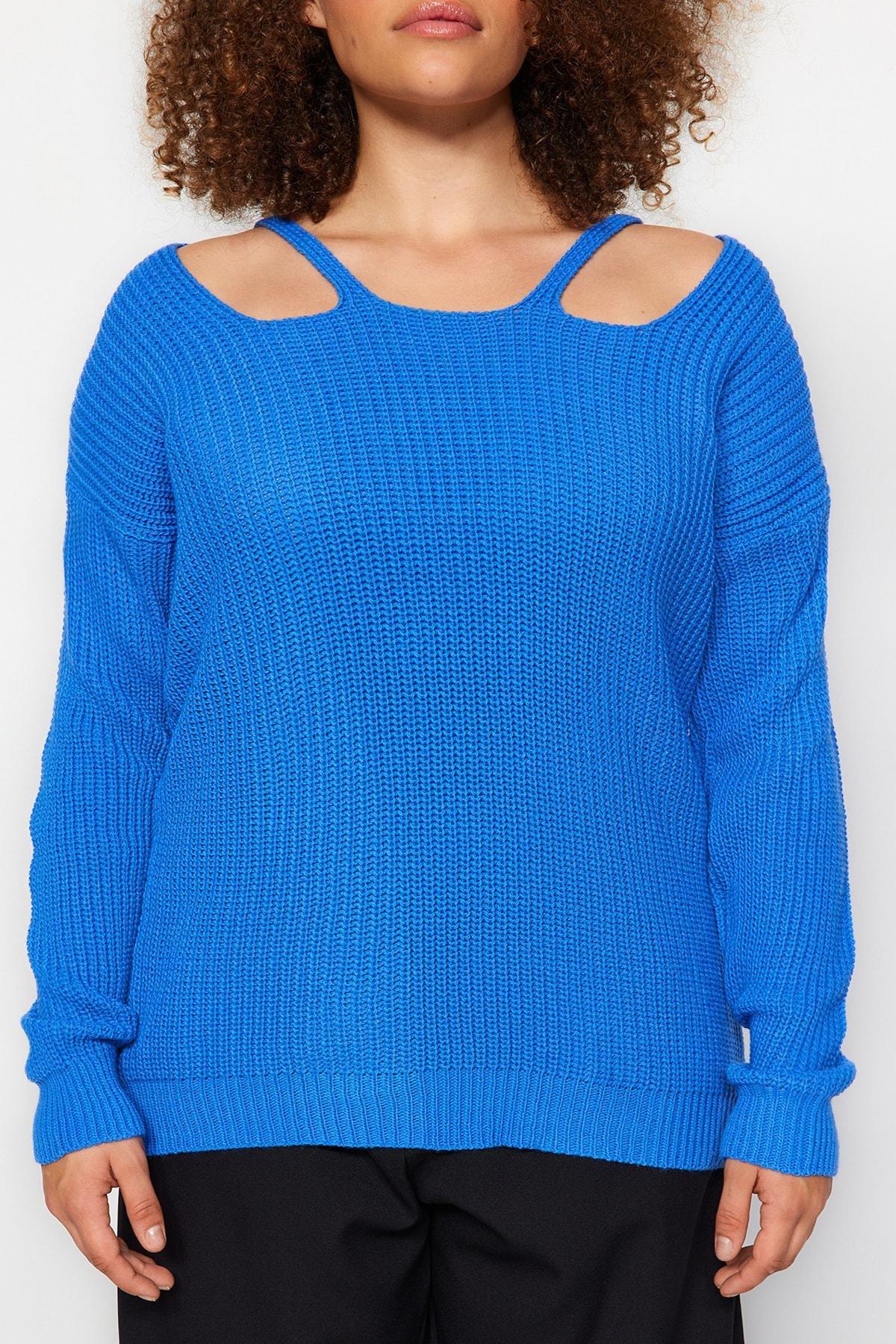 Blue Square Collar Plus Size Sweater, , large image number 0