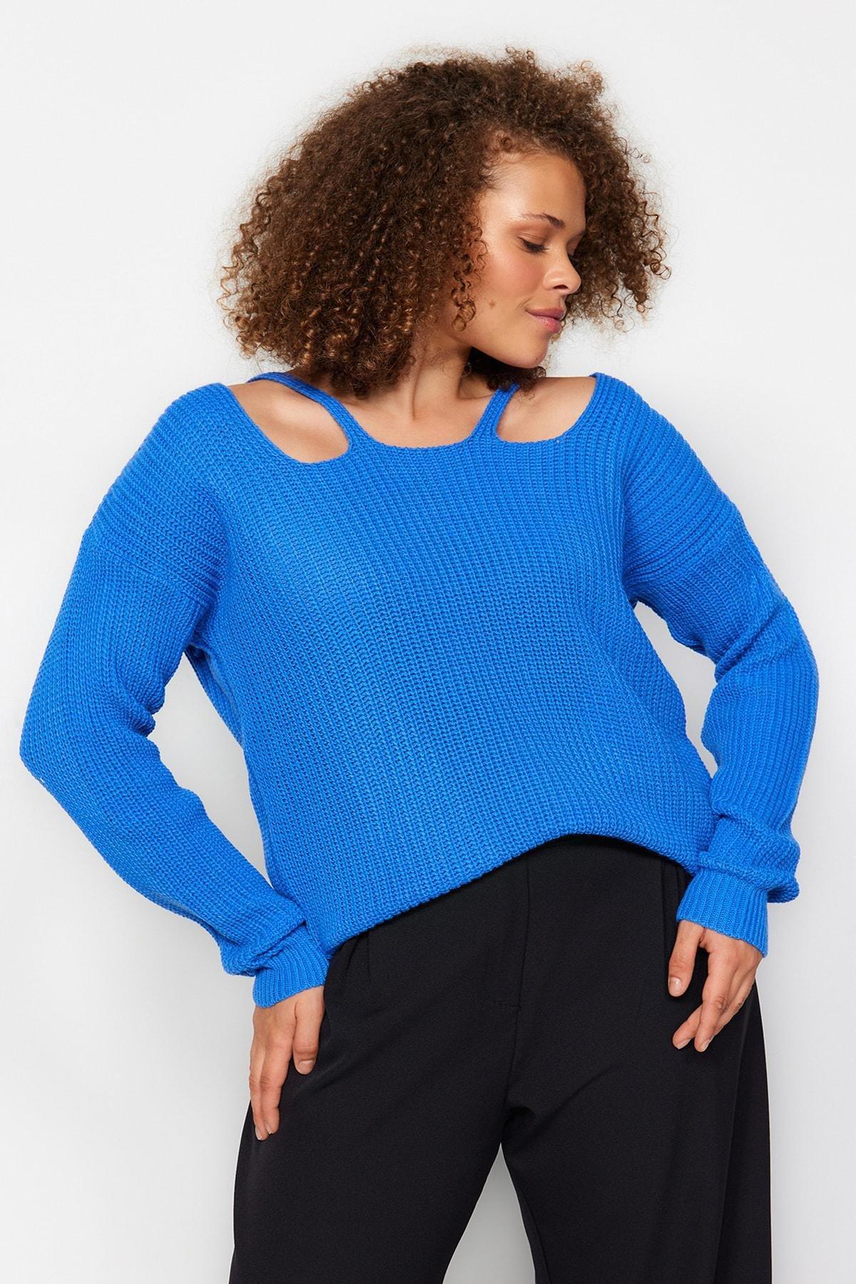Blue Square Collar Plus Size Sweater, , large image number 2