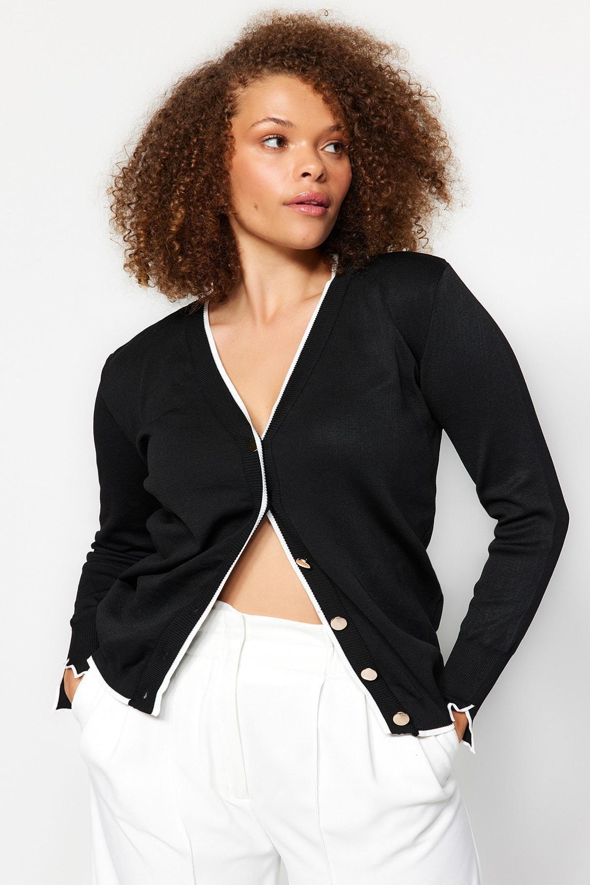 Black V-Neck Plus Size Cardigan, , large image number 0