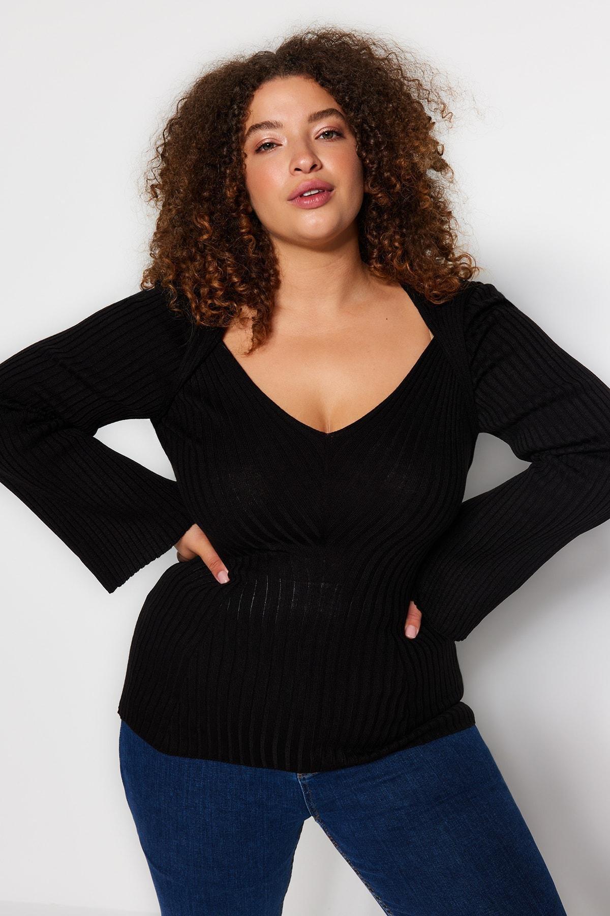 Black Wide Collar Corduroy Knitwear Sweater, BLACK, large image number 0