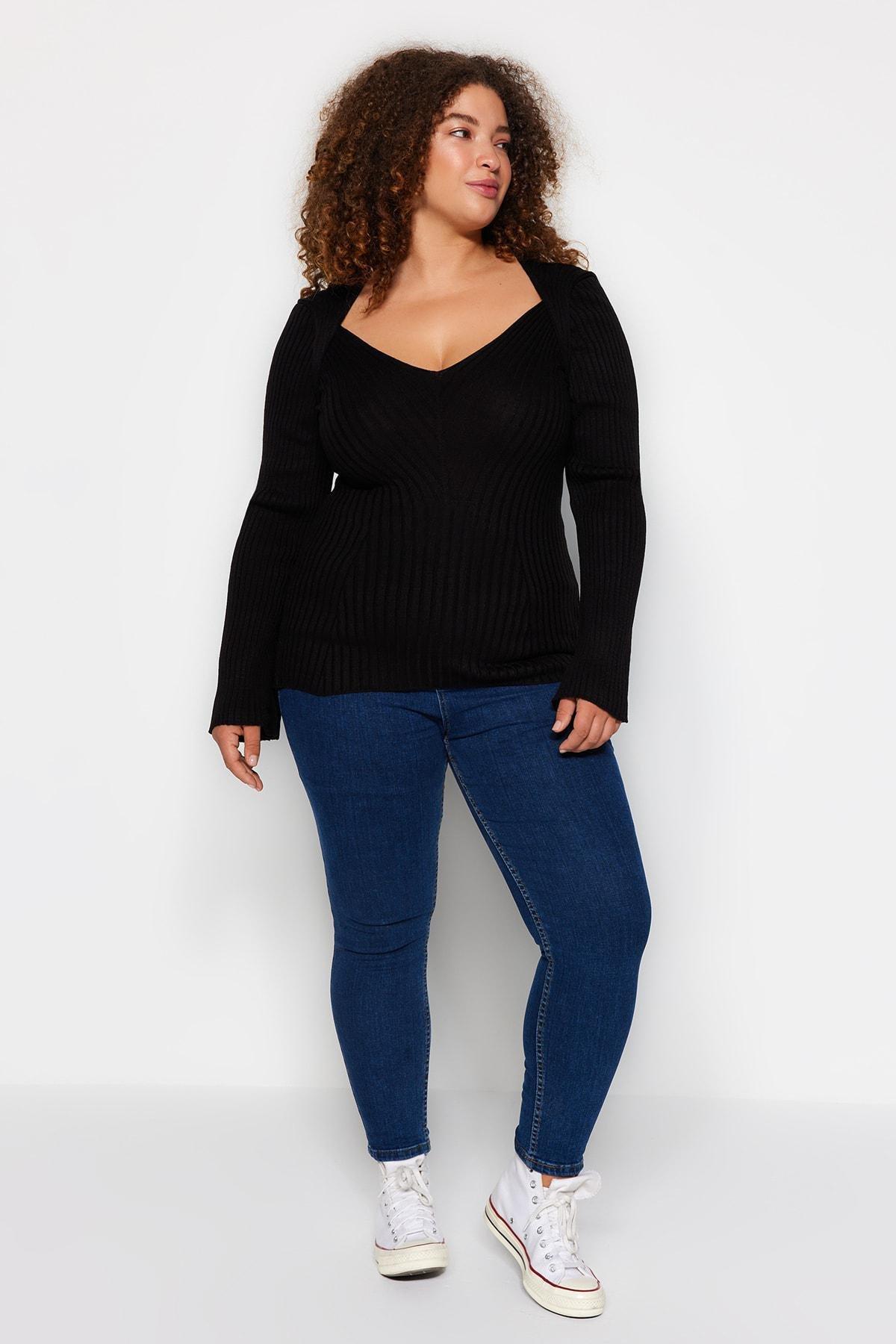 Black Wide Collar Corduroy Knitwear Sweater, BLACK, large image number 1