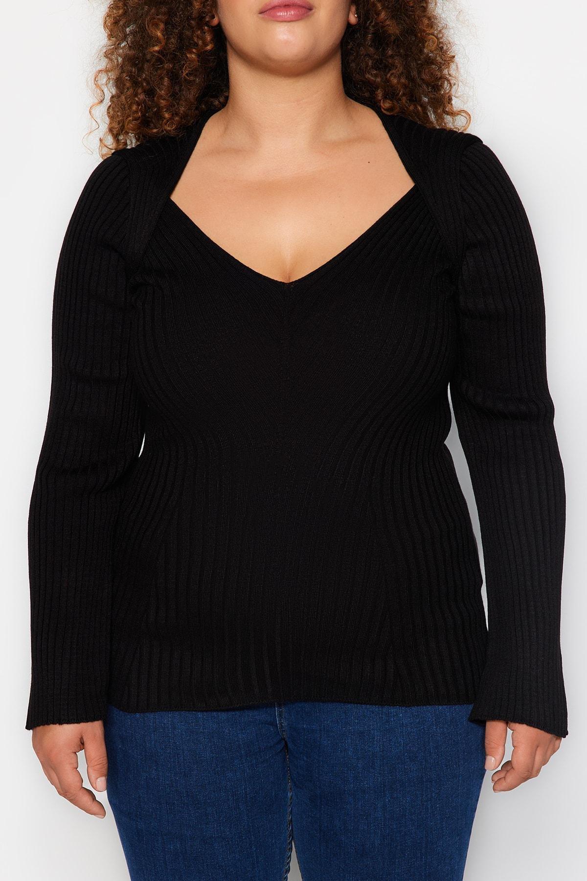 Black Wide Collar Corduroy Knitwear Sweater, BLACK, large image number 3