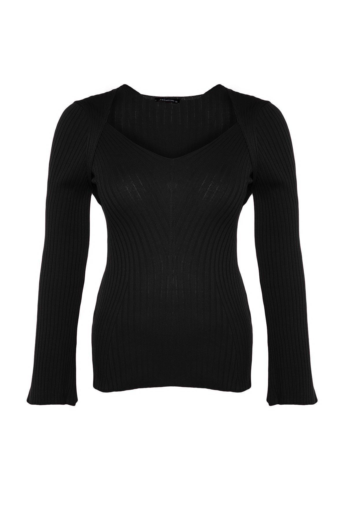 Black Wide Collar Corduroy Knitwear Sweater, BLACK, large image number 5