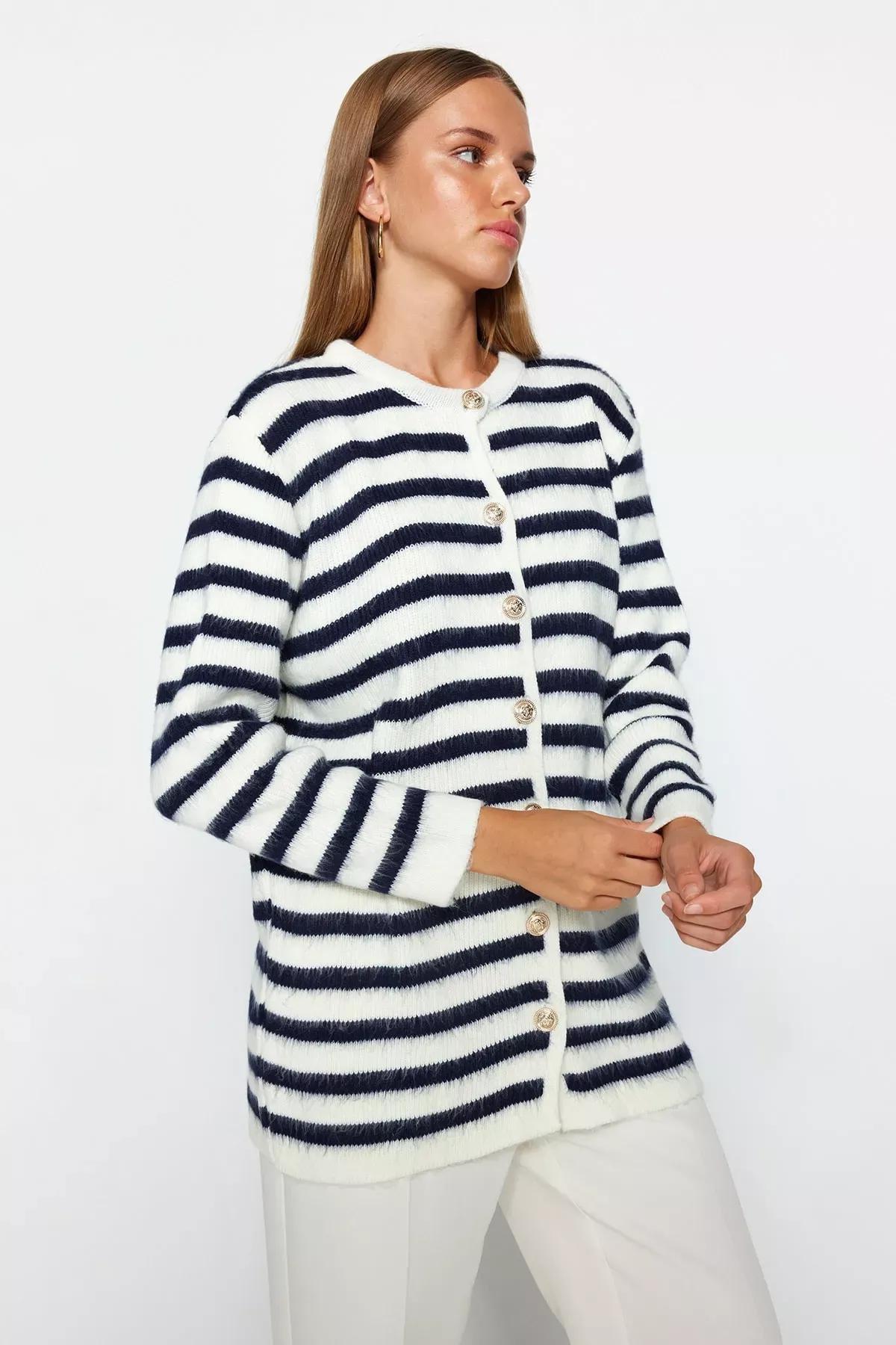 Navy Striped Soft Textured Knitwear Cardigan, , large image number 0