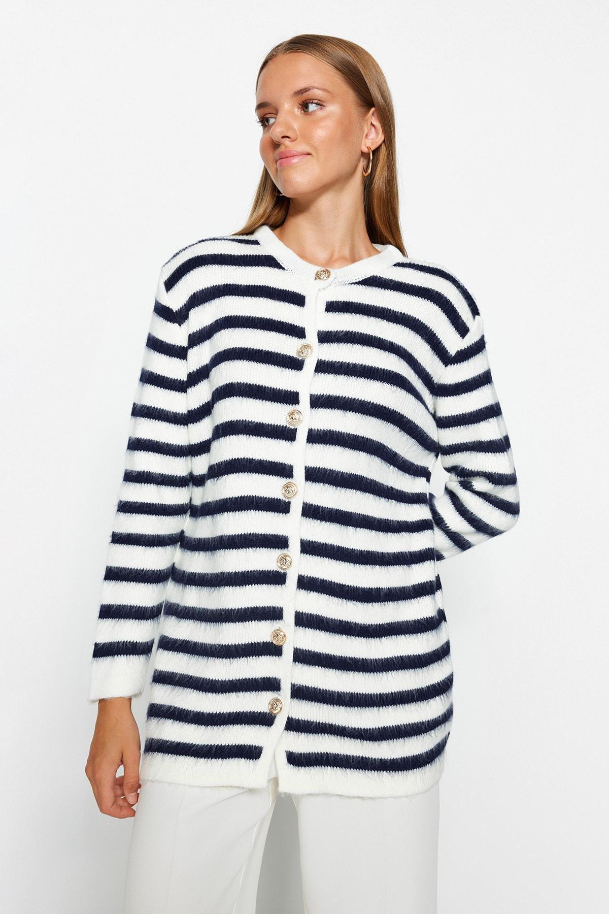 Navy Striped Soft Textured Knitwear Cardigan, , large image number 0